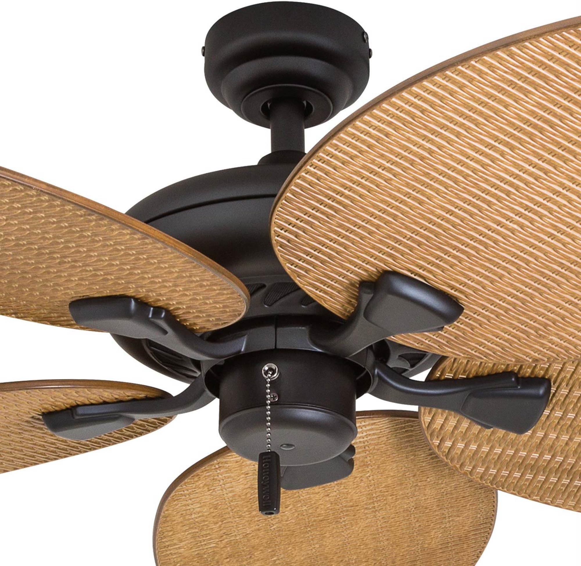 Honeywell 52 Inch Tropical Ceiling Fan for Indoor & Outdoor Use - No Light, Pull Chain, 3 Mounting Options, 5 Palm Leaf Blades, Damp-Rated (Model 50505-01, Bronze) - Perfect for Patio, Porch, Living Room & Bedroom Cooling