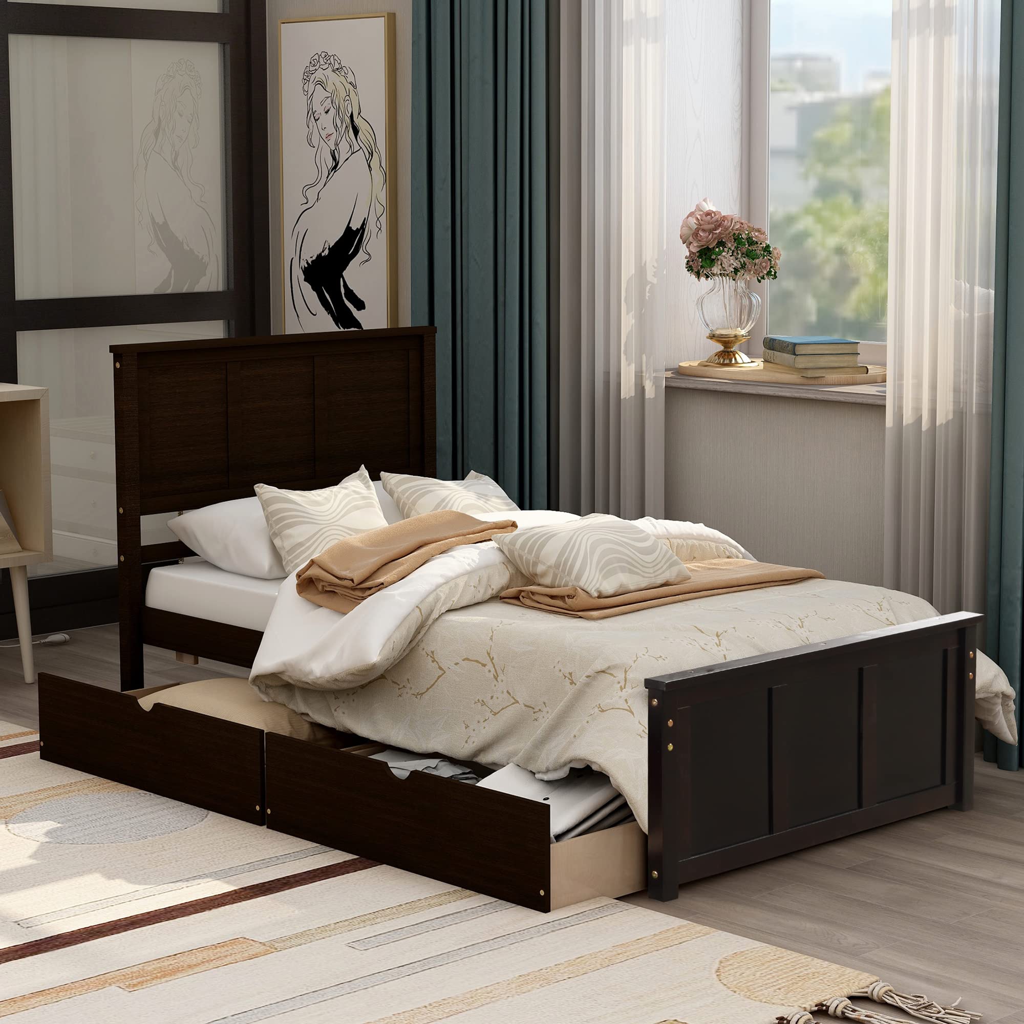 Minimalist Wooden Platform Bed Frame with Drawers & Headboard - Twin Size, Easy Assembly, Retro Espresso Finish - Perfect for Small Bedrooms, Guest Rooms & Modern Apartments