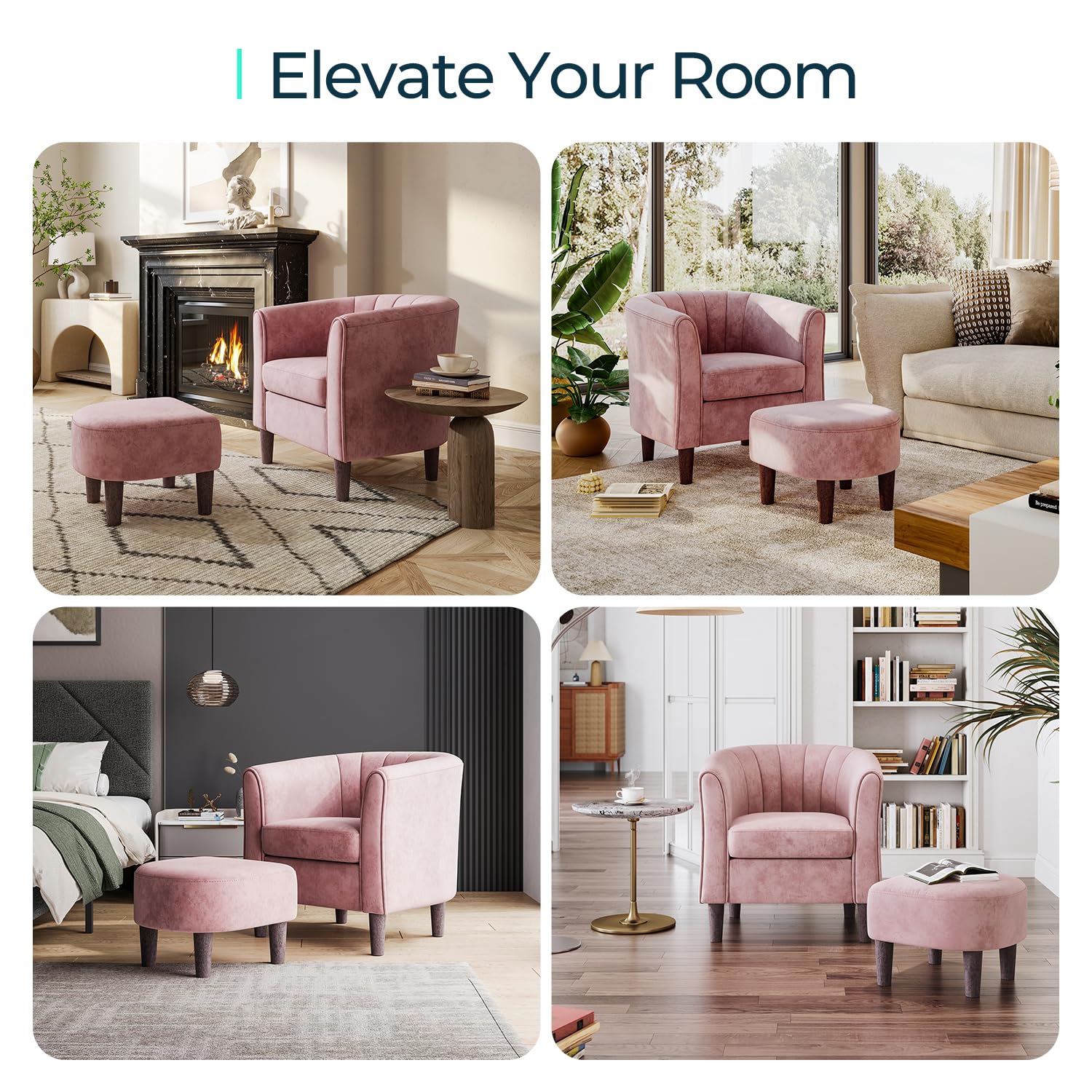 LINSY Modern Velvet Accent Chair with Ottoman - Pink Barrel Armchair for Living Room, Bedroom & Reading Room - Comfy Lounge Chair with Footrest - Perfect for Relaxing, Reading & Decorating Your Home