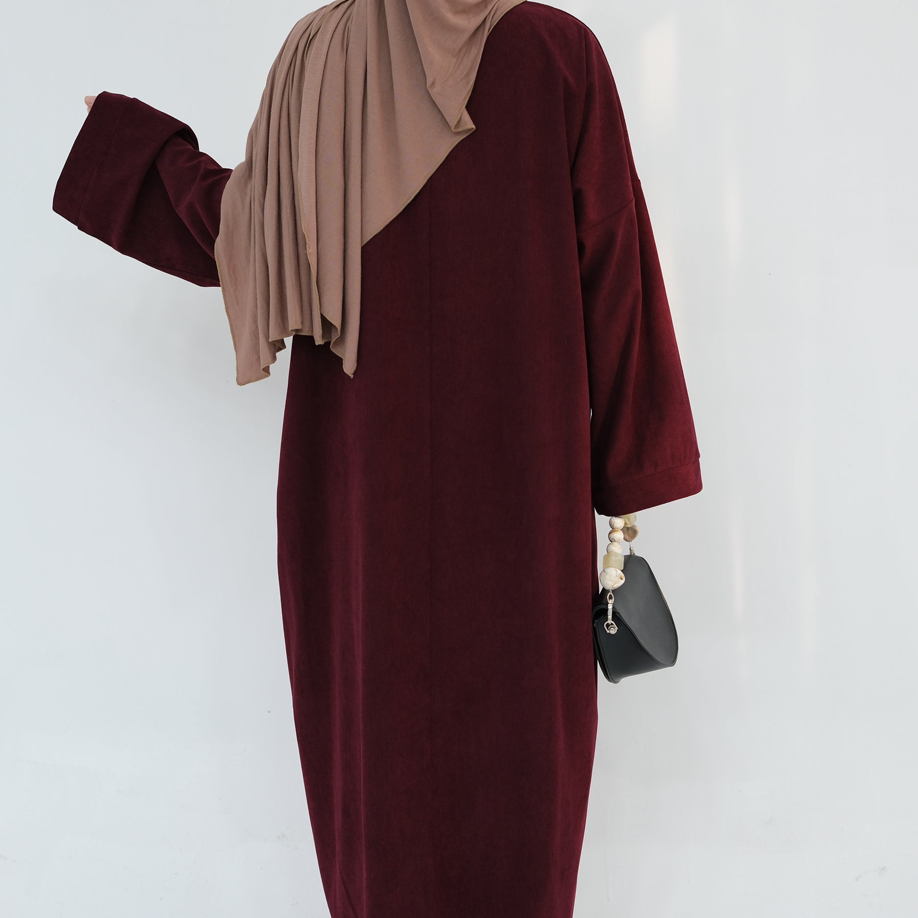 Stylish Annan Corduroy Abaya Dress in Wine Red - Modest Islamic Fashion for Women, Perfect for Prayer, Eid, and Special Occasions