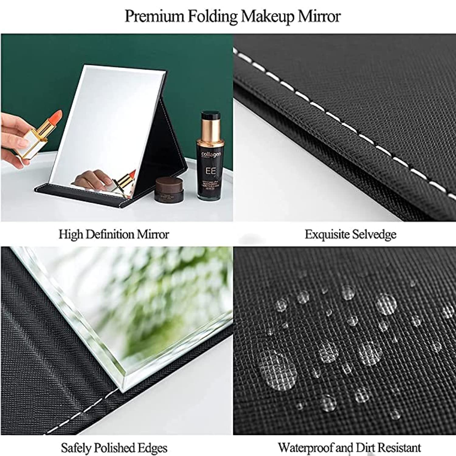ARQIVO Folding PU Leather Makeup Mirror - Portable Desktop Mirror with Stand, Compact Travel Mirror for Home & Office, Simple Black Design - Perfect for Makeup, Skincare & Travel (1 Pack)
