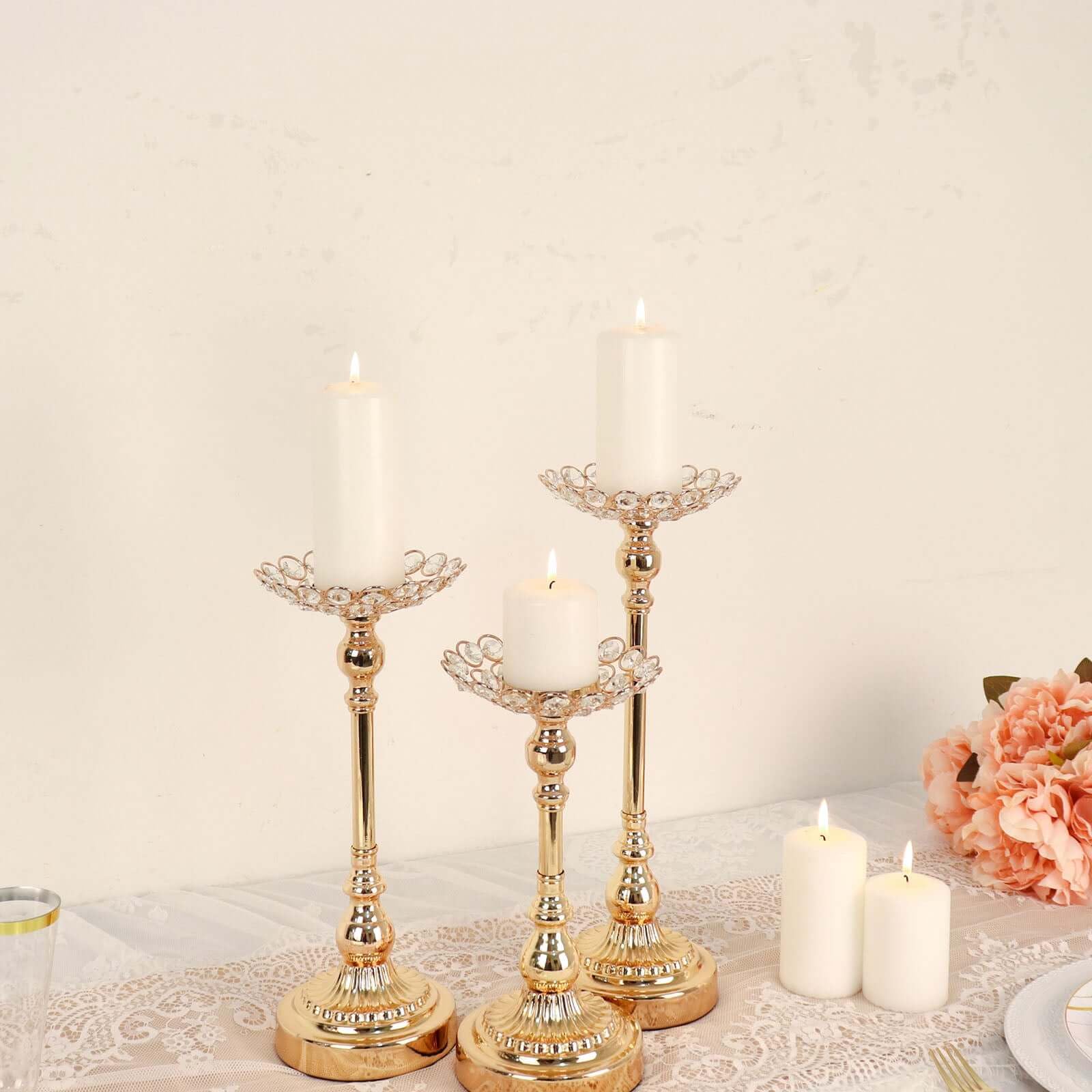 Efavormart Set of 3 Gold Metal Crystal Beaded Votive Candle Holders - 11