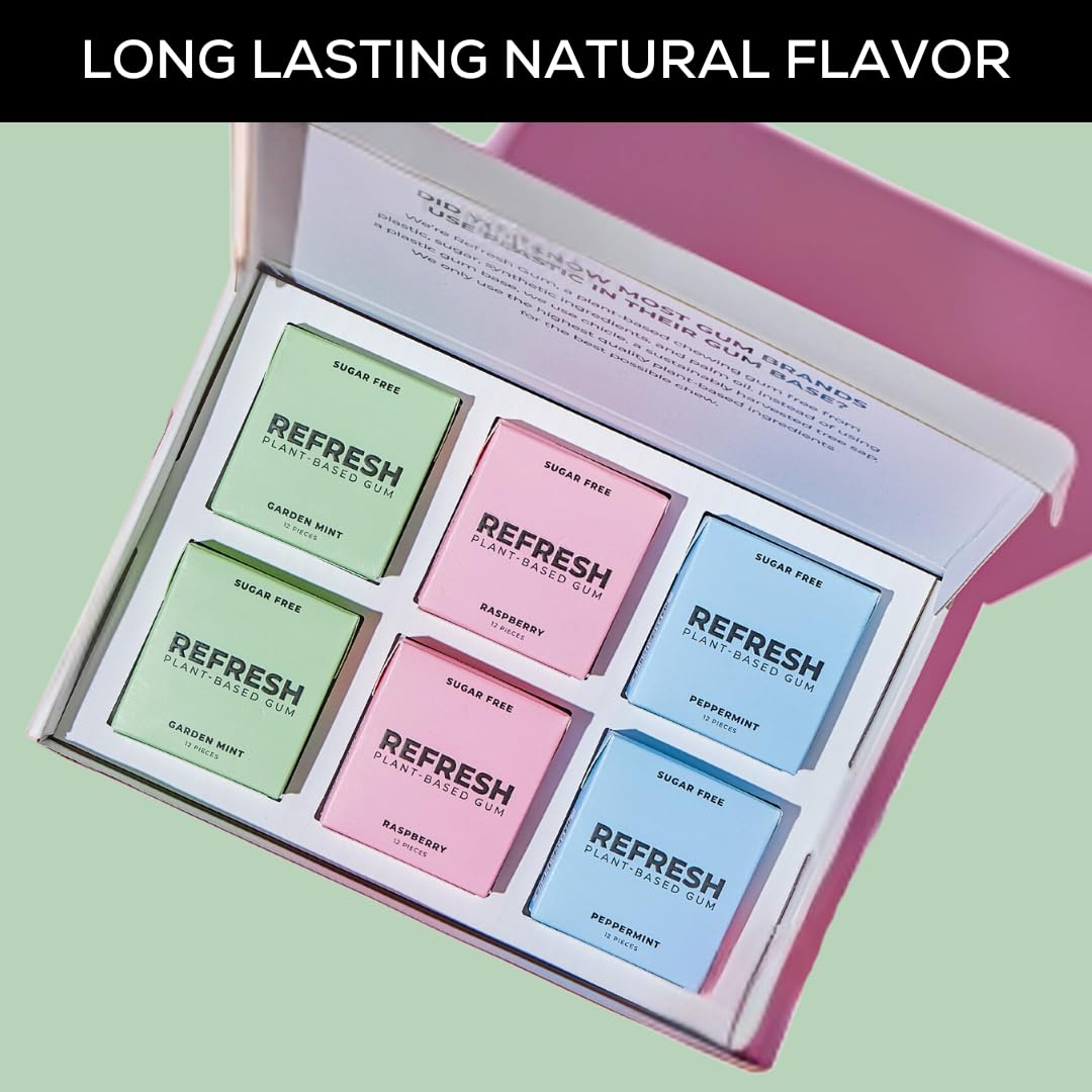 Refresh Sugar-Free Xylitol Chewing Gum - Natural Flavors, Organic Ingredients, Non-GMO, Plant-Based - Peppermint, Garden Mint & Raspberry Variety Pack (12 Pcs, 6 Pack) - Perfect for Fresh Breath On-the-Go, Office Use & Travel