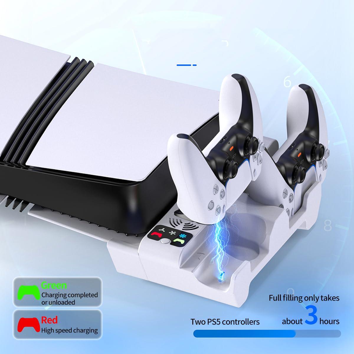 PS5 Pro & PS5 Slim Cooling Stand with 3-Speed Fan - Horizontal Cooling Station for PlayStation 5 Disc & Digital Edition - Dual Controller Charger - Perfect for Gaming Sessions & Console Protection