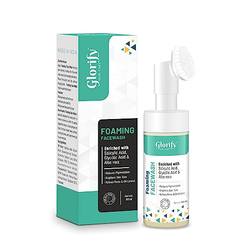 Glorify Salicylic Acid & Glycolic Acid Foaming Face Wash with Built-In Brush - Reduces Pigmentation, Brightens Skin, Minimizes Pores & Controls Oil - 100ml | Perfect for Acne-Prone & Oily Skin, Daily Deep Cleansing Routine
