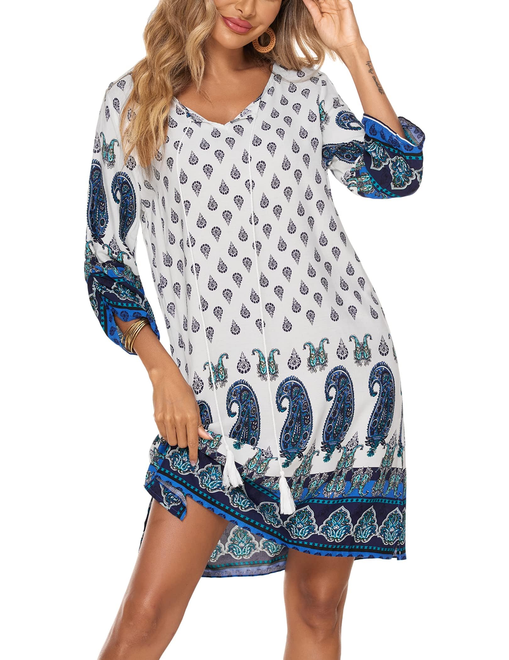 Zeagoo Women's Bohemian Floral Print 3/4 Sleeve Summer Casual Dress - Beach Cover Up, Vacation Outfit & Everyday Boho Tunic Top for Ladies