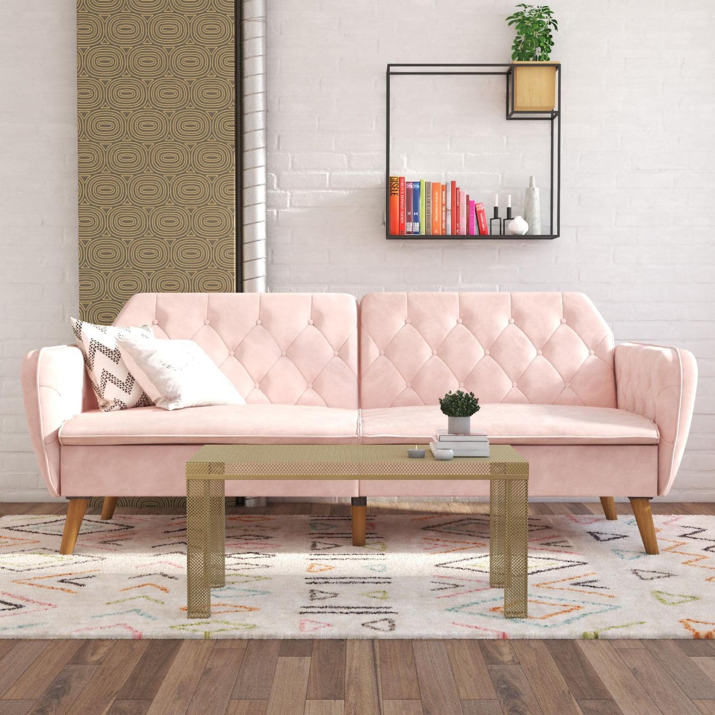 Novogratz Tallulah Convertible Memory Foam Futon Couch - Pink Velvet Sofa Bed for Small Spaces, Guest Room & Dorm | Comfortable Sleeper for Living Room, Apartment & Studio
