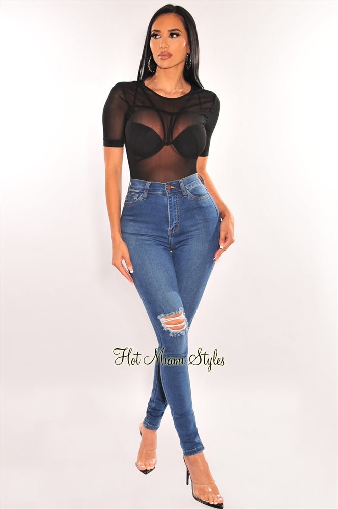 Sexy Black Sheer Mesh Padded Bodysuit with Strappy Back & High Cut Design - Perfect for Date Night, Lingerie Fashion & Boudoir Photography