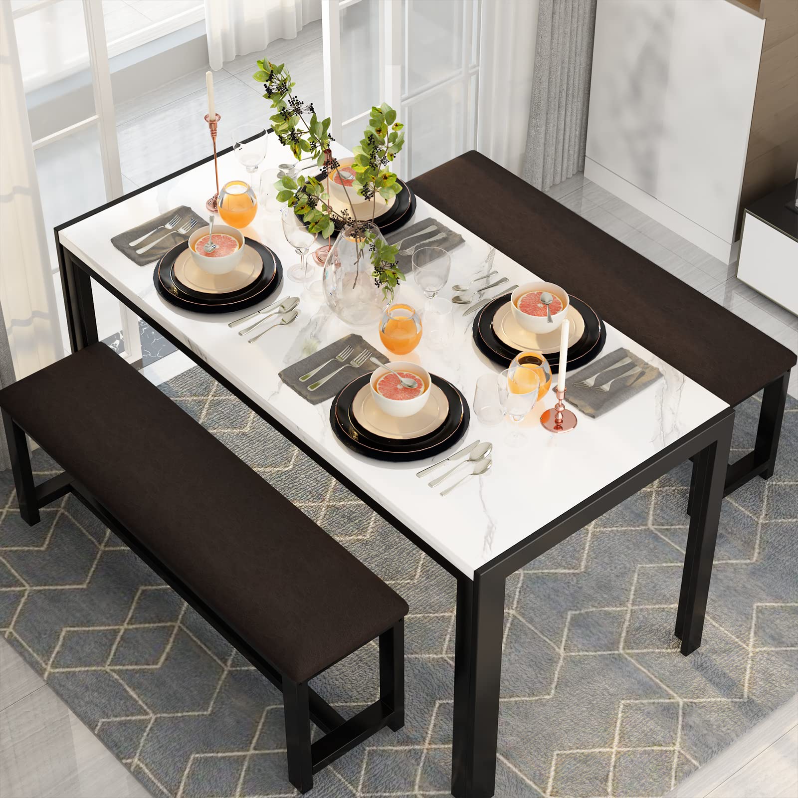 **DKLGG 4-Piece Faux Marble Dining Table Set with 2 PU Leather Benches - Modern Kitchen & Dining Room Table for Small Spaces | Perfect for Family Meals & Entertaining Guests**