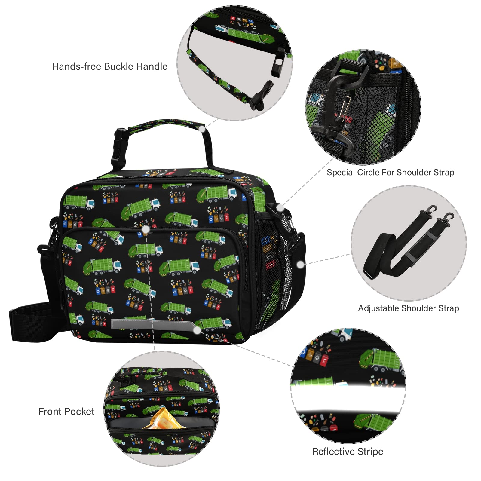Eco-Friendly Reusable Lunch Bags for Kids - Insulated Shoulder Lunch Box for School, Work & Picnic | Garbage Truck Design Trash Recycling Theme | Durable Food Container for Boys & Girls (A-02) - Perfect for School Lunches, Office Meals & Outdoor Activities