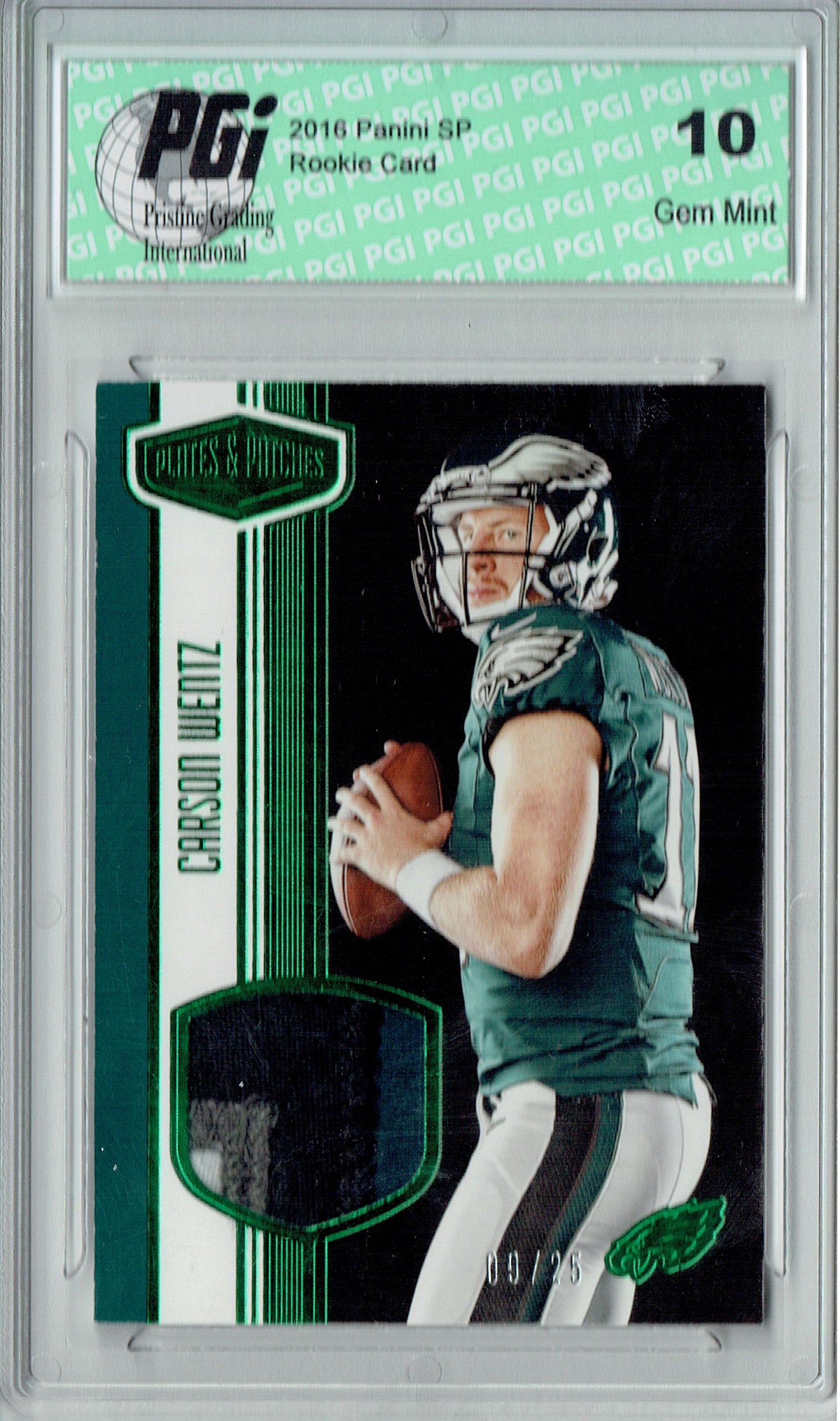 2016 Carson Wentz Rookie Card PGI 10 - 4 Color Patch Limited Edition /25 - NFL Football Collectible for Fans & Memorabilia Enthusiasts - Perfect for Display, Gifts, and Investment Collections