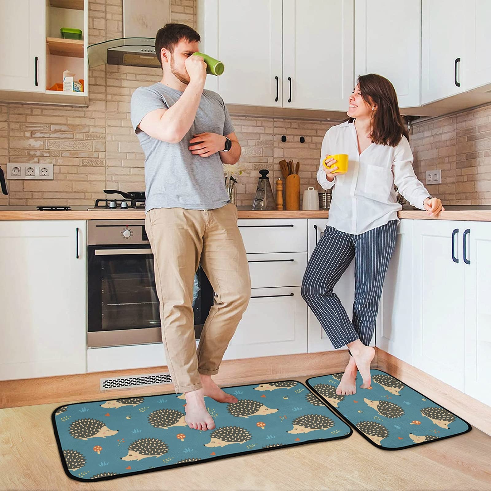 Non-Slip Washable Hedgehog Kitchen Mat Set of 2 - Cushioned Memory Foam Rugs for Standing Comfort at Sink, Office Desk - Anti-Fatigue Floor Mats for Kitchen, Laundry Room & Home Decor