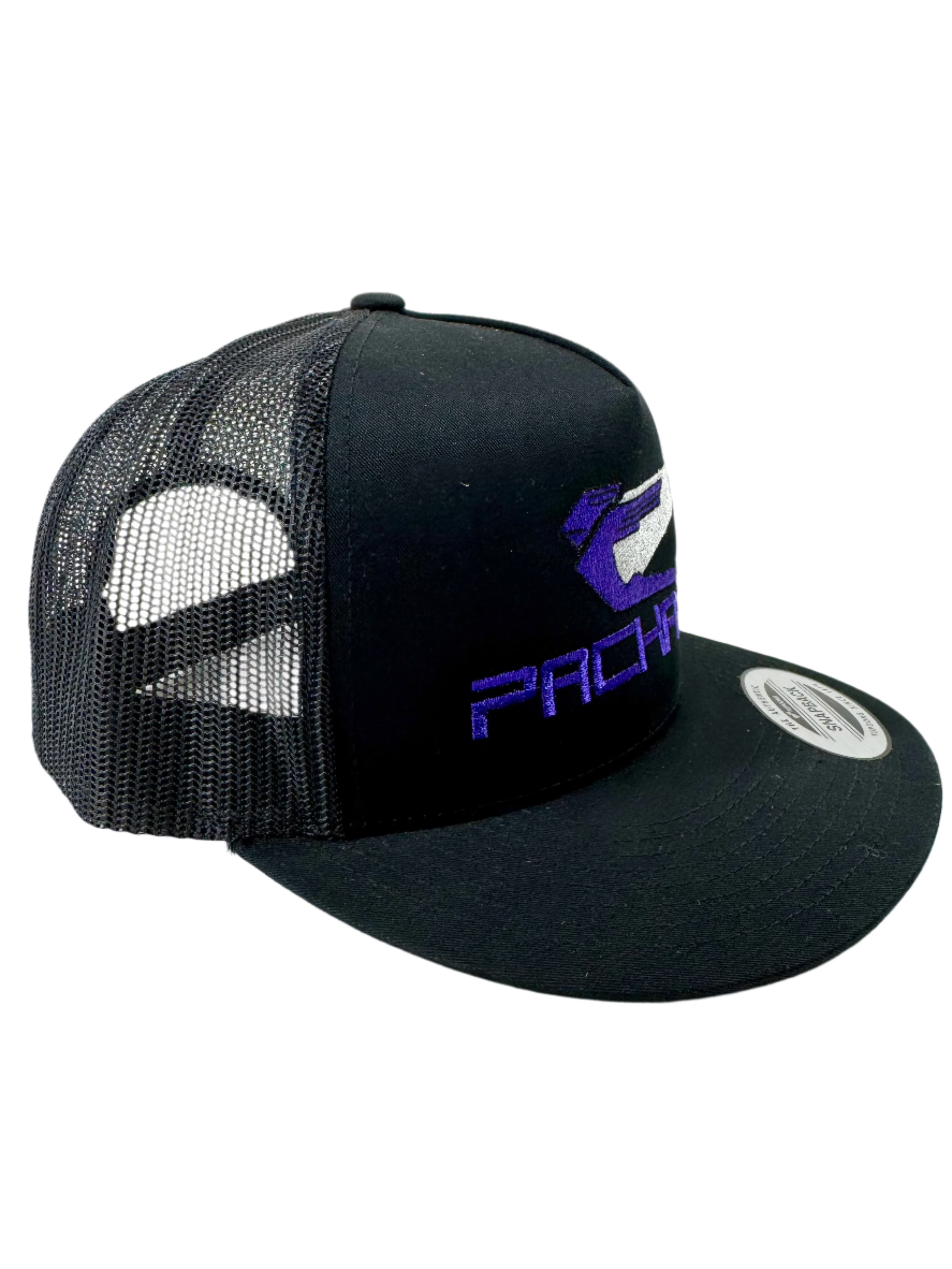 Stylish Embroidered Purple Logo Trucker Hat with Flat Brim - Perfect for Outdoor Activities, Sports Events & Streetwear Fashion