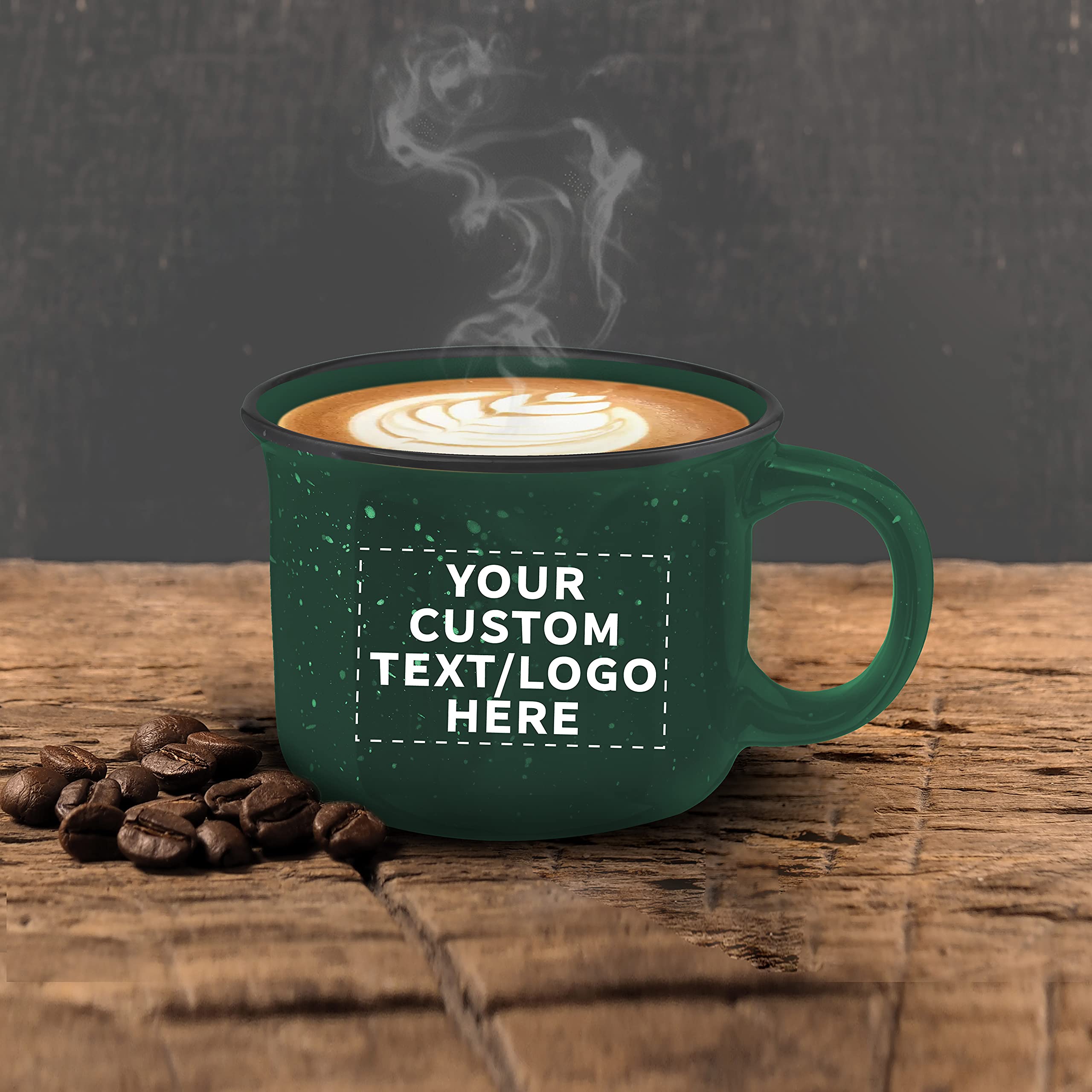 50-Piece Ceramic Campfire Coffee Mugs Set - 8oz Customizable Text & Logo - Speckled Green Ceramic with Sturdy C-Handle - Perfect for Outdoor Camping, Picnics & Cabin Decor