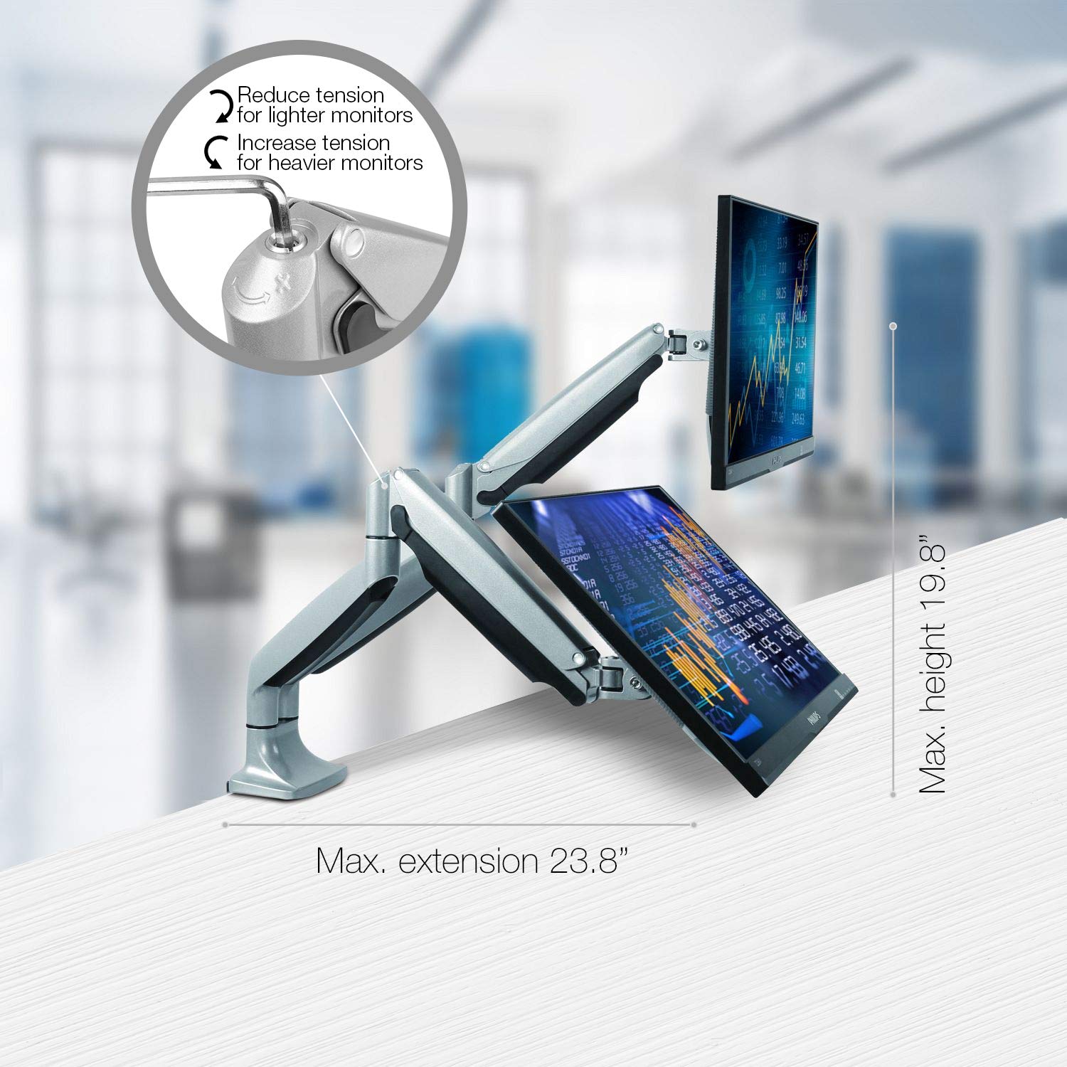 TechOrbits Dual Monitor Stand with SmartSWIVEL - Full Motion Adjustable Gas Spring Arm for 13-30 Inch Screens - Ergonomic VESA Mount for Home Office & Gaming Setup