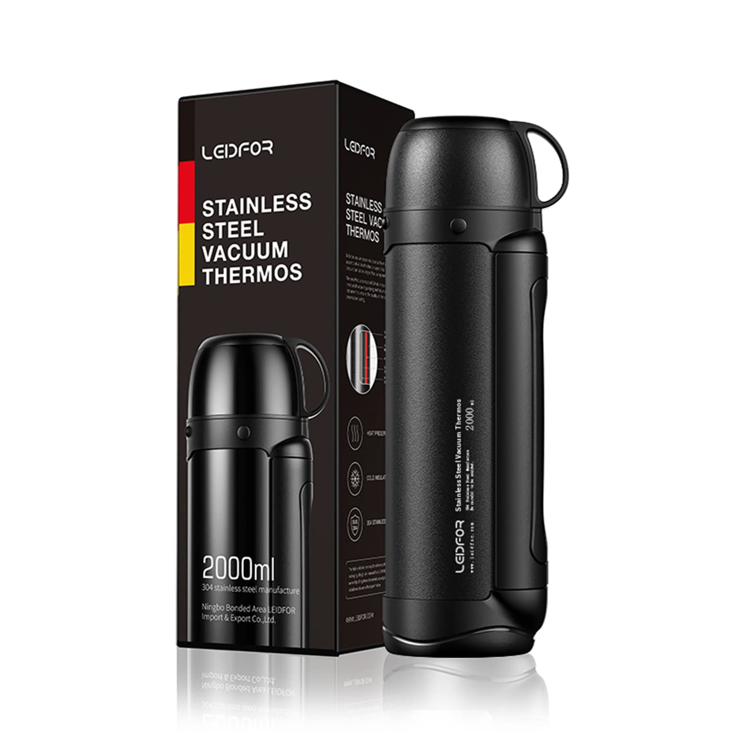 LEIDFOR 68oz Stainless Steel Vacuum Insulated Coffee Thermos - Double Wall Thermal Bottle with Handle & Leakproof Cup Lid (Black Matte) - Perfect for Office, Travel & Outdoor Activities