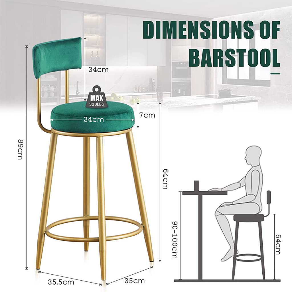 Velvet Upholstered Counter Bar Stool with Golden Metal Legs & Footrest - Modern Kitchen Island Chair for Breakfast Nook, Lounge, Pub & Bar Decor
