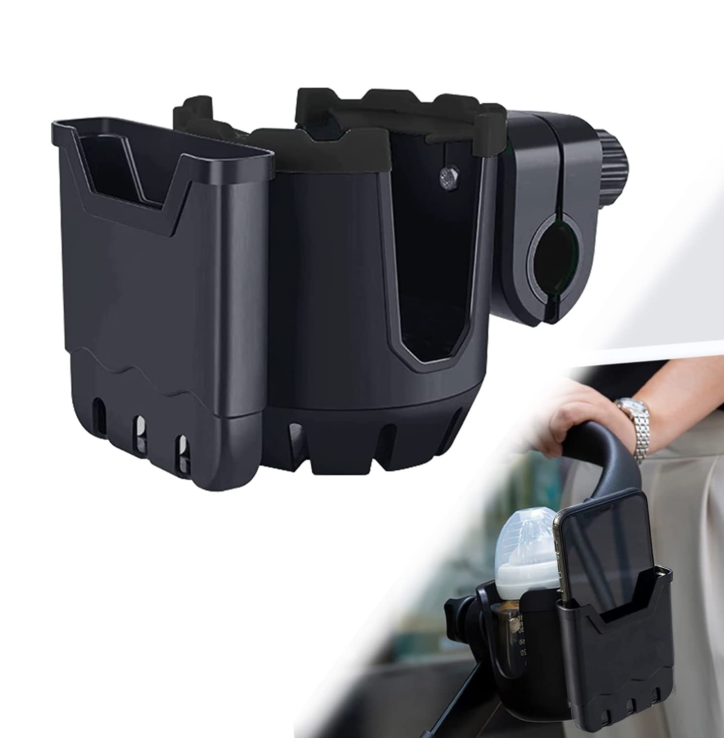 Universal Stroller Cup Holder with Phone Pocket - 2-in-1 Drink & Smartphone Holder for Baby Strollers, Wheelchairs, Bikes & Scooters - Perfect for Parents on the Go, Outdoor Adventures & Daily Commutes