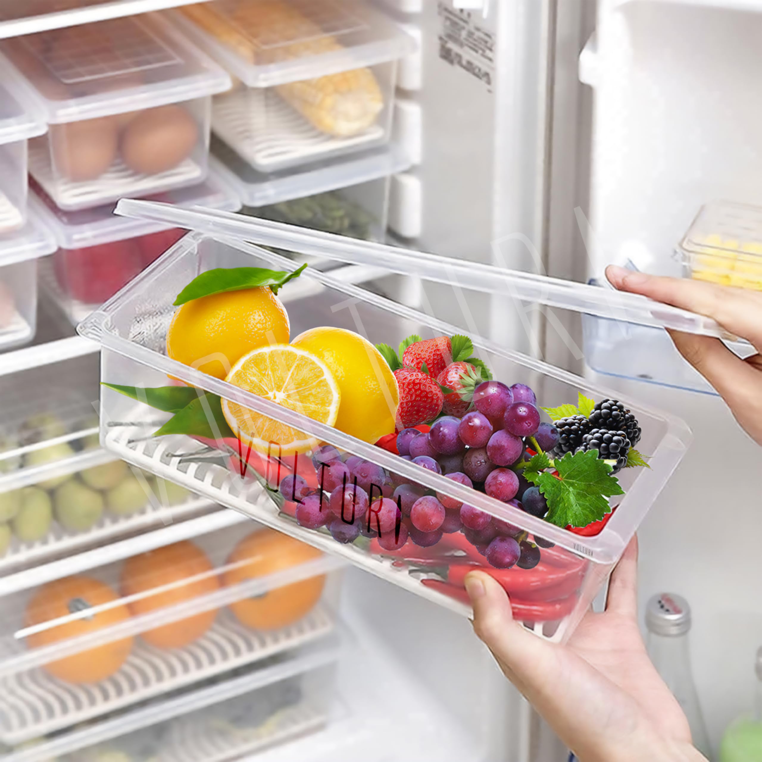 VOLTURI 6-Pack Fridge Storage Containers with Removable Drain Plate & Lids - Stackable Food Organizer for Fruits, Vegetables - 1500ML BPA-Free Kitchen Storage Boxes - Perfect for Meal Prep & Refrigerator Organization