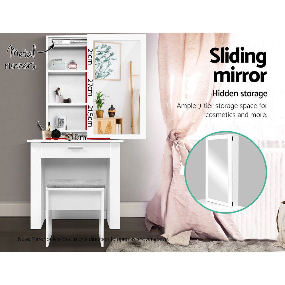 Artiss White Sliding Mirror Dressing Table Stool Set - Vanity Stool with Adjustable Mirror for Bedroom, Bathroom & Makeup Area