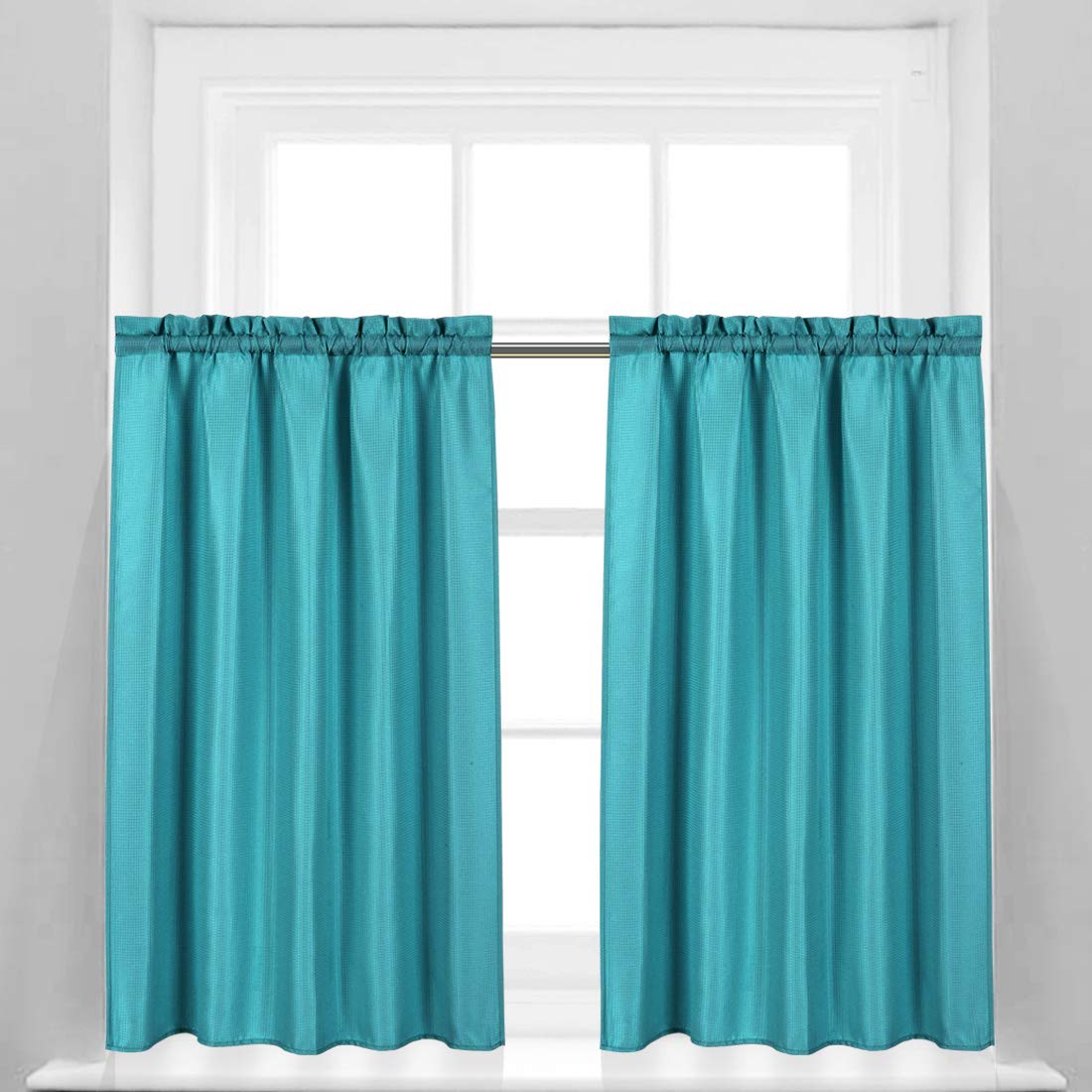 Valea Home Waffle Weave Textured Bathroom & Kitchen Window Curtains - Water Repellent Short Half Curtains Set of 2 (45 Inch Length, Turquoise) for Bathroom Privacy, Kitchen Decor & Window Covering