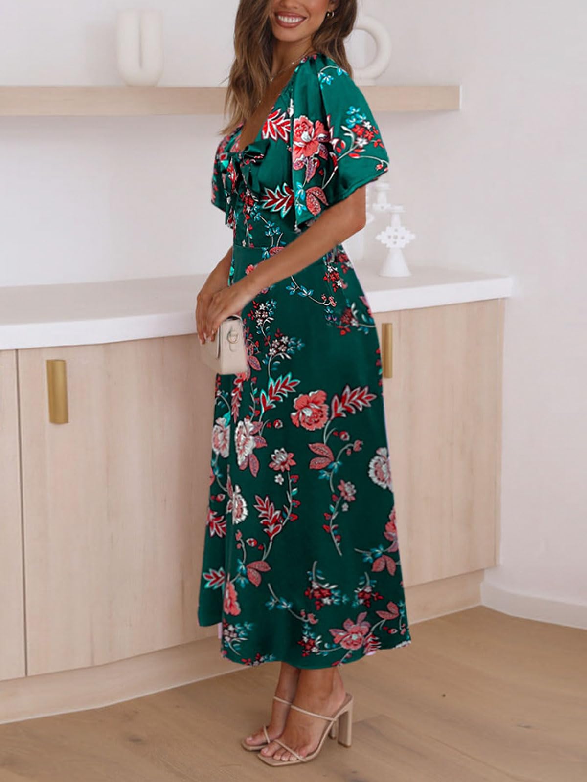 Fashionme Women's Summer Maxi Dress 2025 - Elegant Deep V Neck, Bow Tie Front, Cap Sleeve Floral Satin Smocked Dress for Beach, Wedding & Special Occasions
