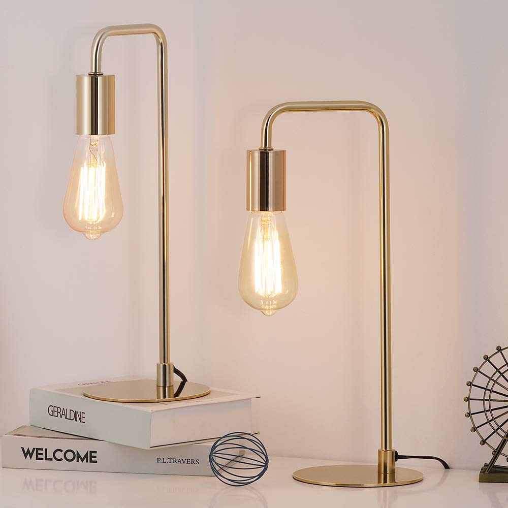 JS NOVA JUNS Edison Table Lamp Set of 2 - Vintage Industrial Small Gold Metal Desk Lamps for Bedroom, Office, Living Room - Perfect for Nightstand, Dresser, Coffee Table & Study Desk Lighting