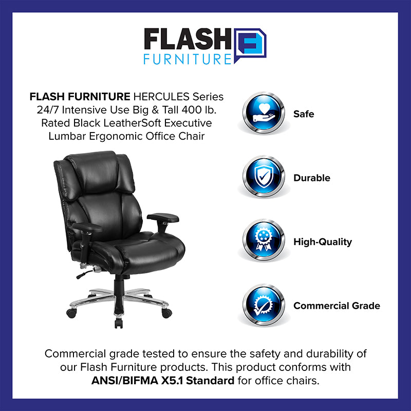 FLASH HERCULES Series 400 lb Capacity Big & Tall Executive Office Chair - Heavy Duty Ergonomic Chair with Adjustable Lumbar Support - Perfect for Long Work Hours, Gaming & Home Office Use