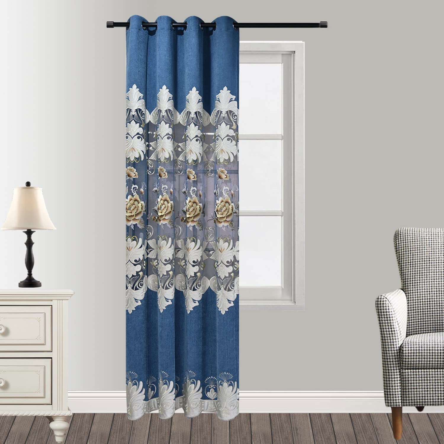 Luxury European Style Floral Embroidered Curtain - Peony Design Blackout Window Drapes with Grommet Top for Living Room, Bedroom & Dining Room Decor