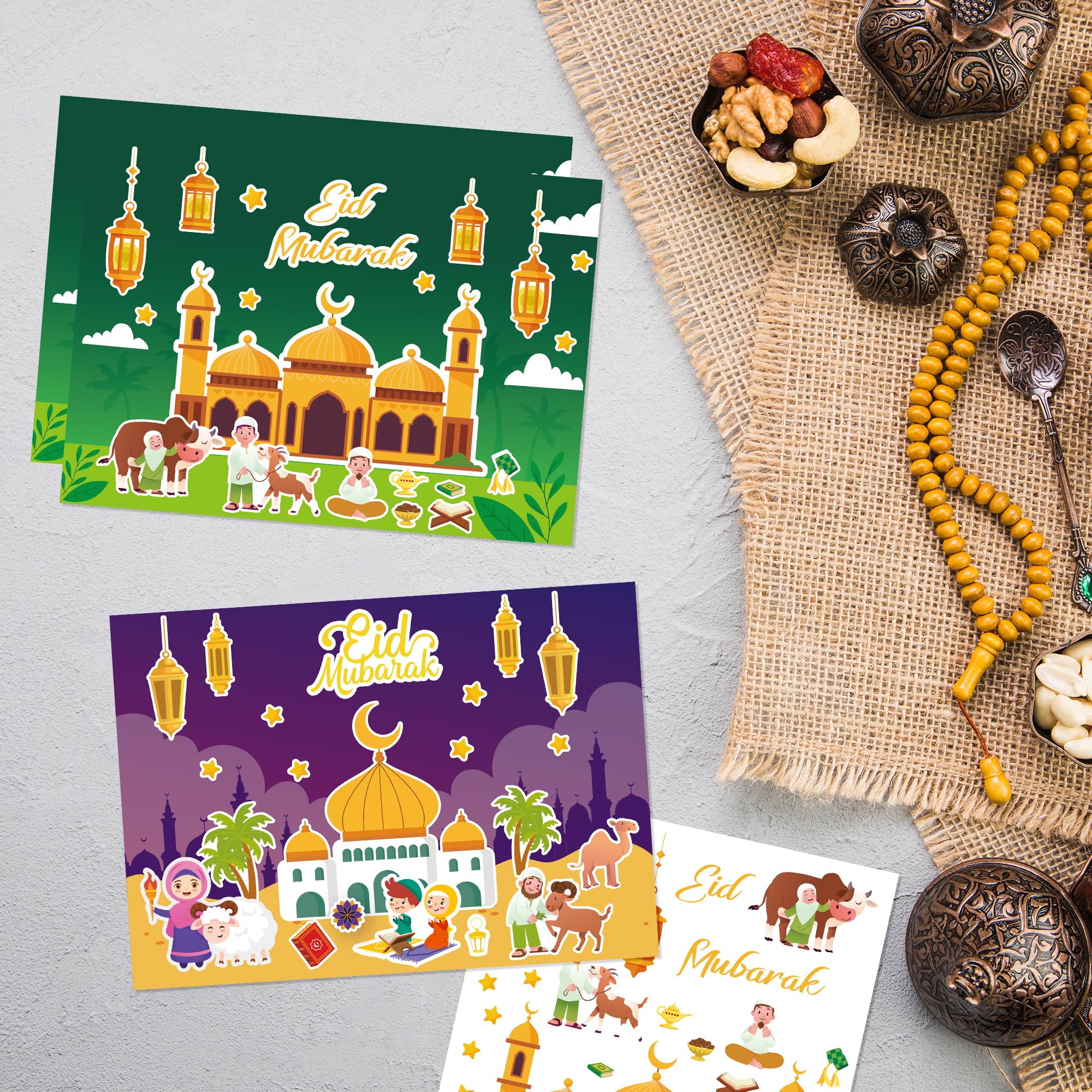 COcnny 48pcs Eid Mubarak Craft Kit - DIY Mosque Scene Stickers for Kids, Ramadan Kareem Decal, Islamic Religious Art Ornaments for Eid Al-Fitr Party, School Projects, Classroom Decor & Family Celebrations