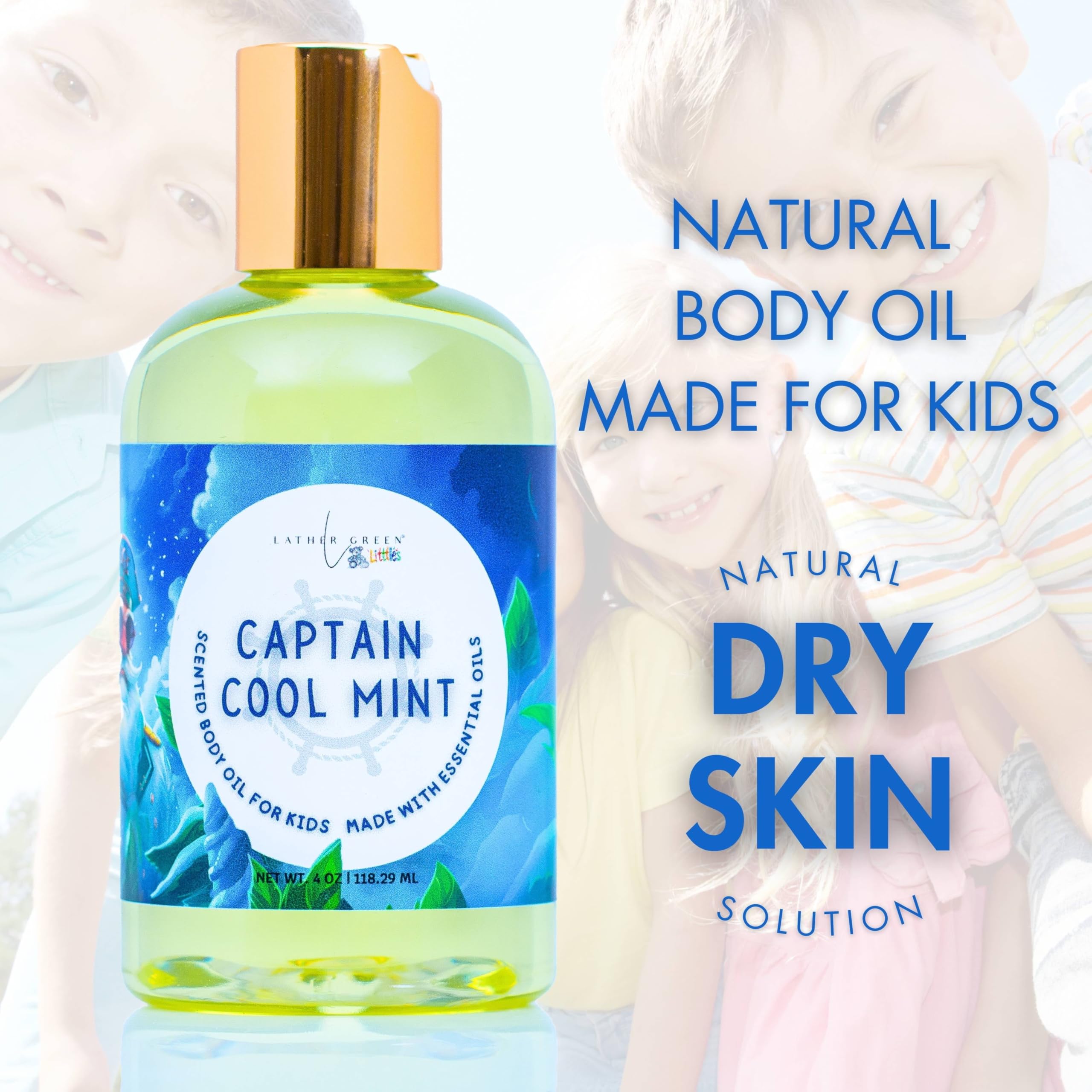 Captain Cool Mint Kids Body Oil - 4 oz | Soothing & Hydrating Moisturizer for Children's Sensitive Skin | Perfect for After Bath, Massage & Dry Skin Care