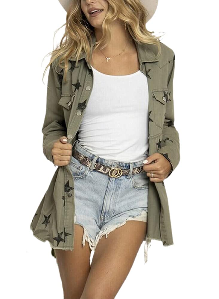 Women's Casual Frayed Raw Hem Star Print Denim Jacket | Mid-Long Peplum Style | Perfect for Spring Outfits, Date Nights & Streetwear Fashion