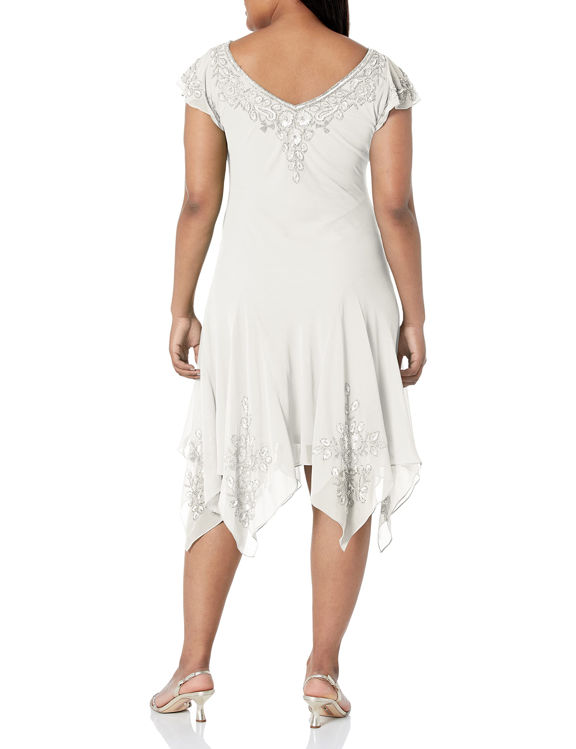 J Kara Women's Plus Size Petite Flutter Sleeve Hanky Hem Short Cocktail Beaded Dress - Elegant Party Wear for Weddings, Evening Events & Special Occasions