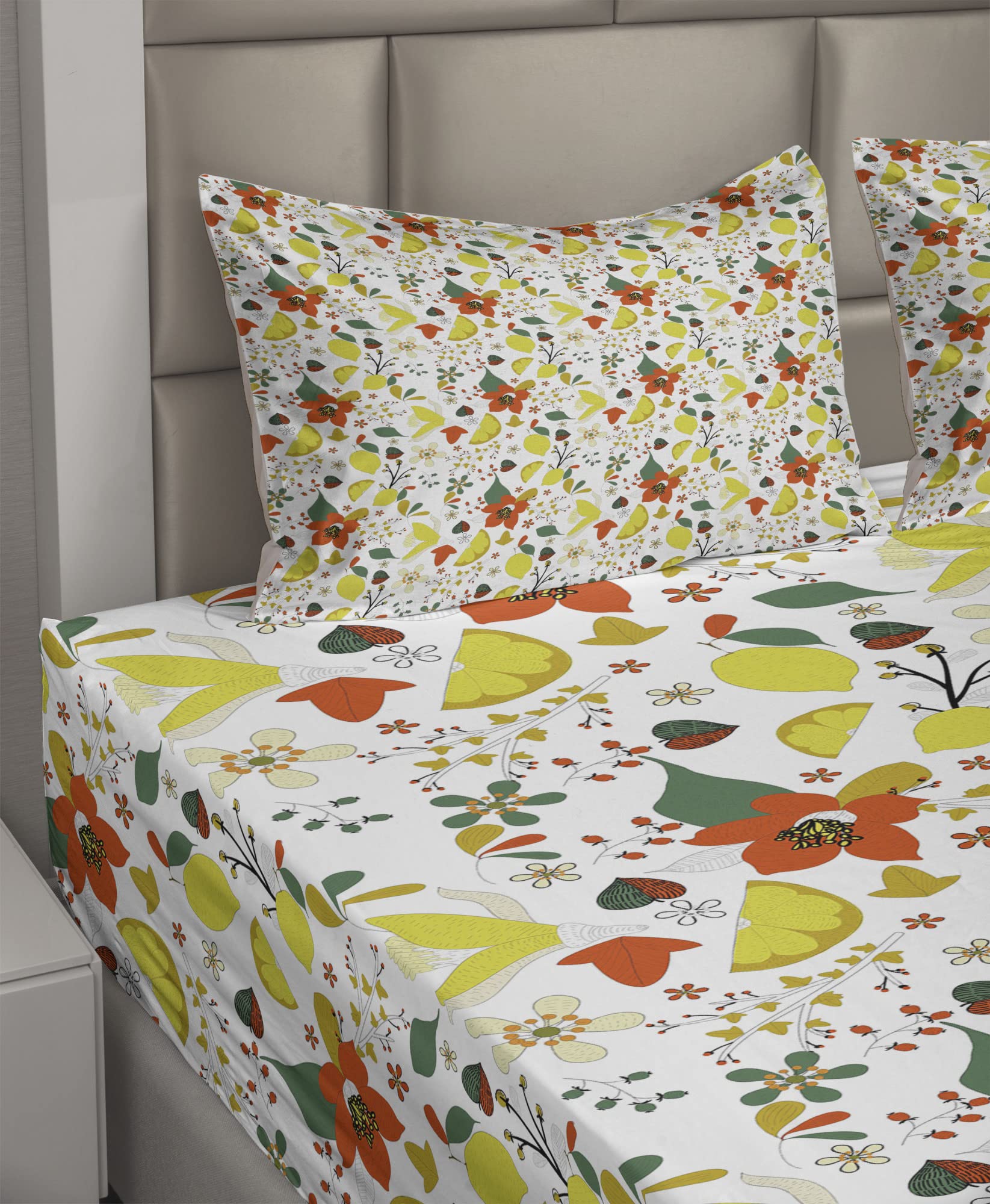 Ambesonne Floral Sheet Set 4-Piece King Size - Spring Flowers with Lemon Leaves Inspirational Design, Fitted & Flat Sheets with Pillowcases - Red Yellow Forest Green Bedding for Master Bedroom & Guest Room Decor