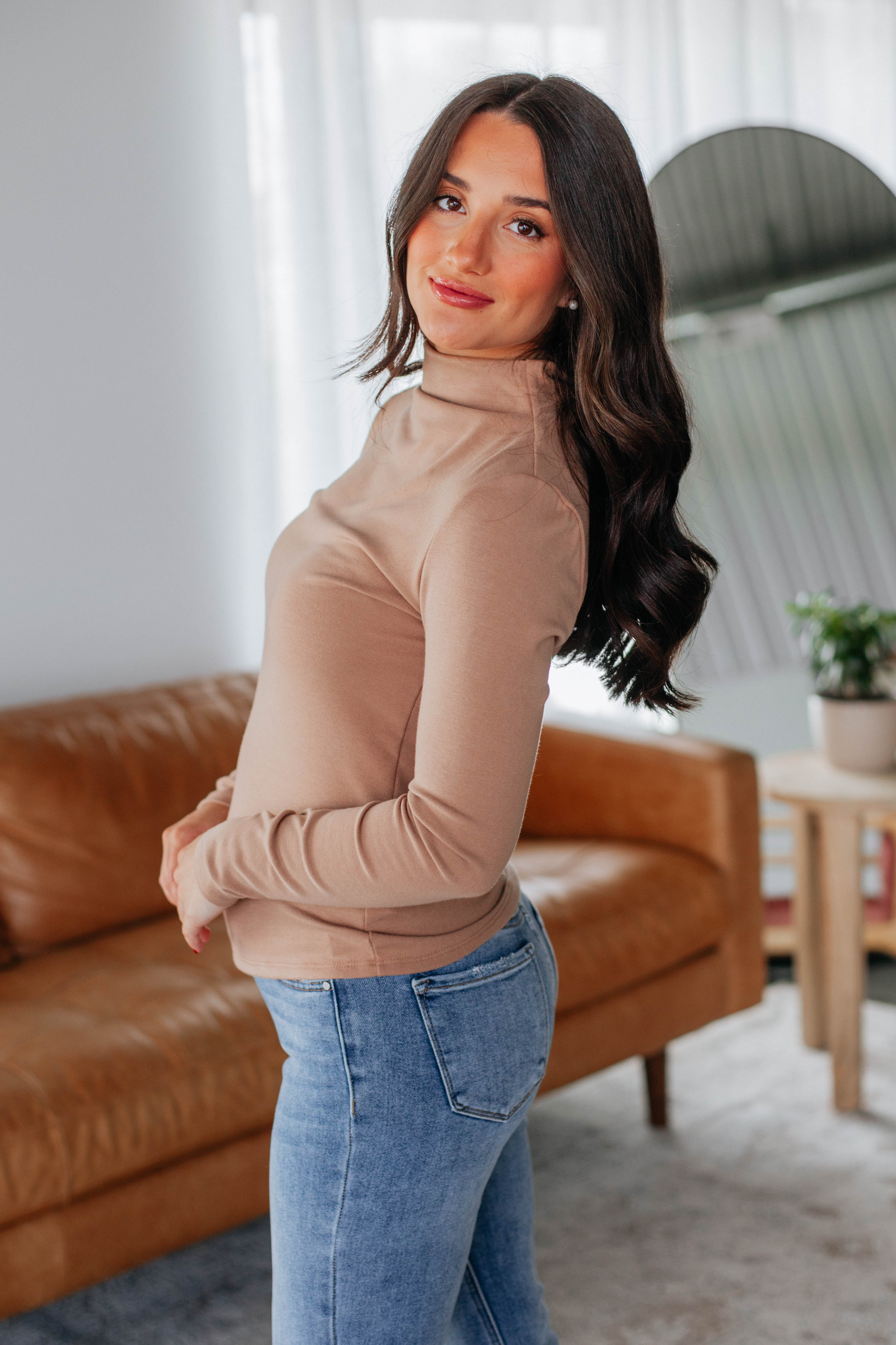 Cene Women's Mock Neck Long Sleeve Top in Camel Color - Perfect for Office Wear, Casual Outfits & Fall Layering