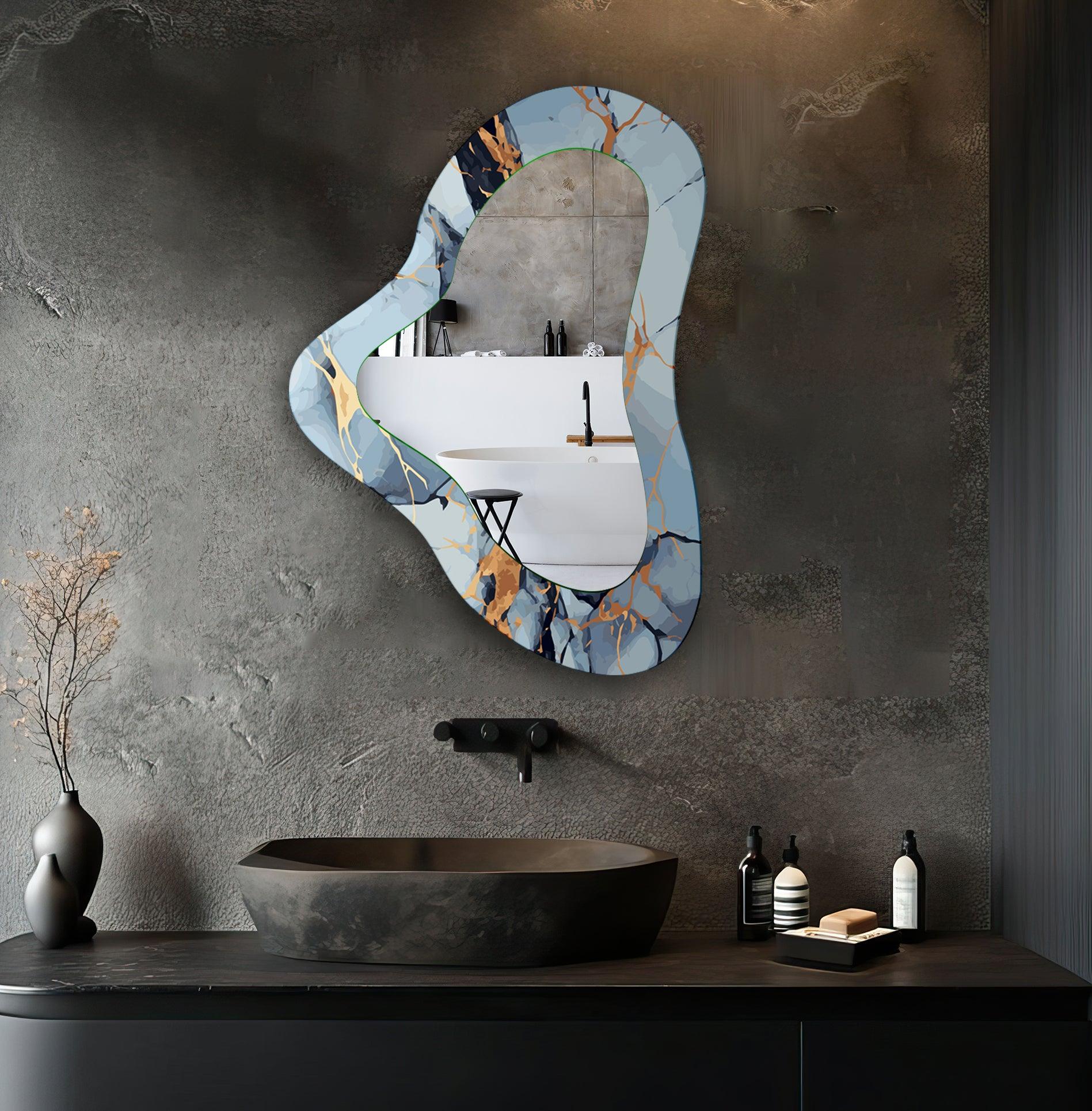 Blue Marble Asymmetrical Glass Wall Mirror - Modern Decorative Mirror for Living Room, Bedroom & Entryway - Unique Handcrafted Home Decor Accent Piece