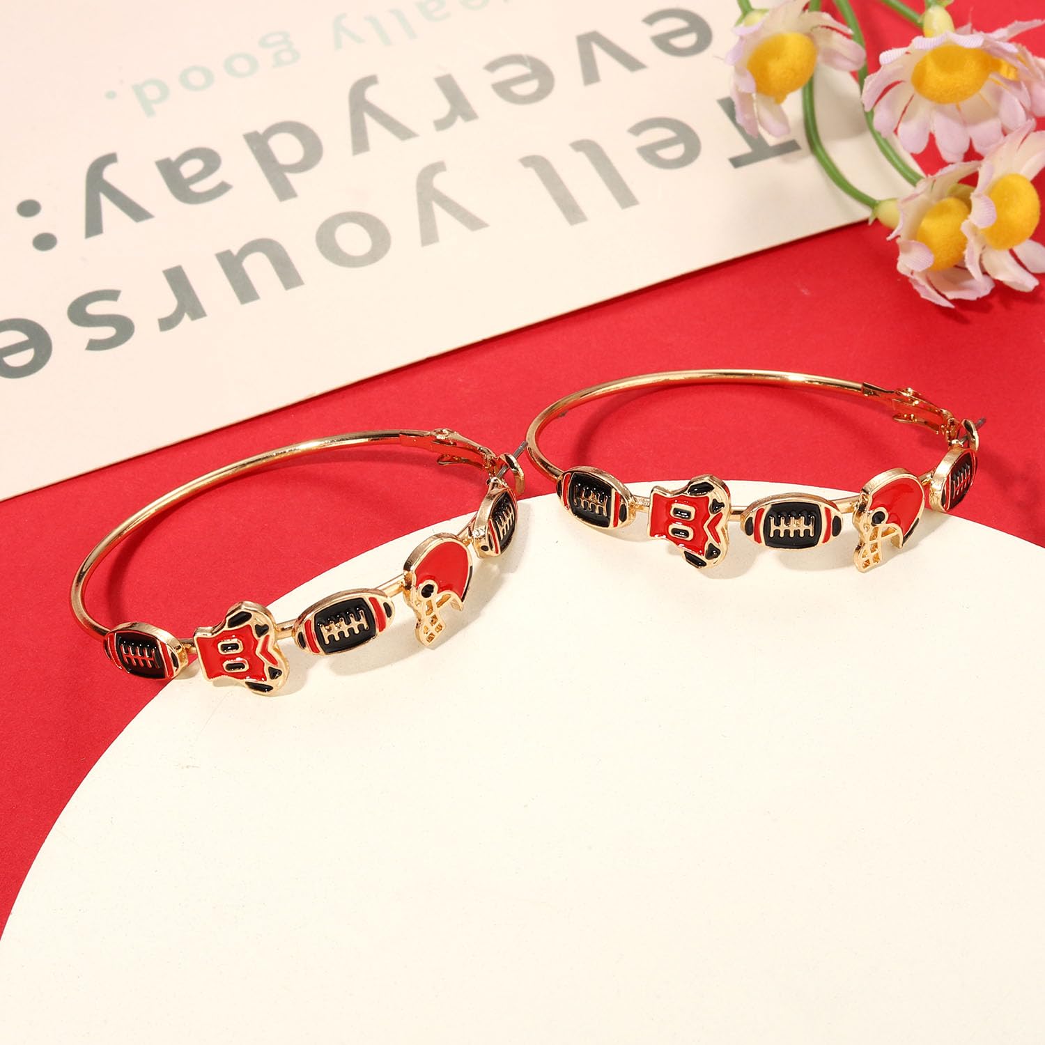 Football Earrings for Women - Red & Black Enamel Hoop Earrings, Football Mom Gifts, Game Day Accessories, Sport Team Outfits - Perfect for Game Day Parties, Football Mom Outfits, and Sport Fan Gifts