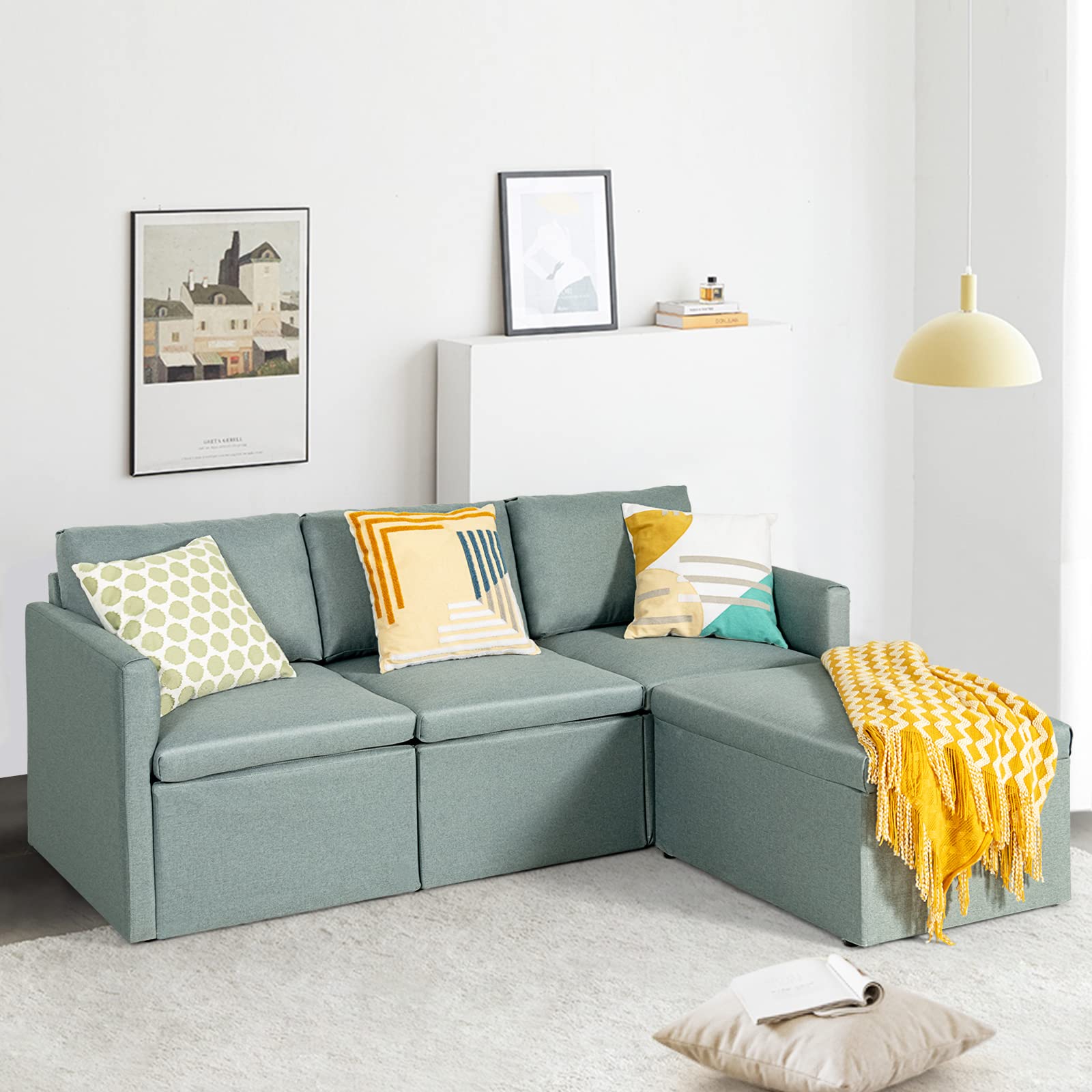 Powerstone Convertible Sectional Sofa - Modern L-Shaped Sleeper Couch with Reversible Chaise, 3-Seat Fabric Sofa Set in Green Linen | Space-Saving Living Room Furniture for Apartments & Small Spaces | Perfect for Lounging, Entertaining & Overnight Guests