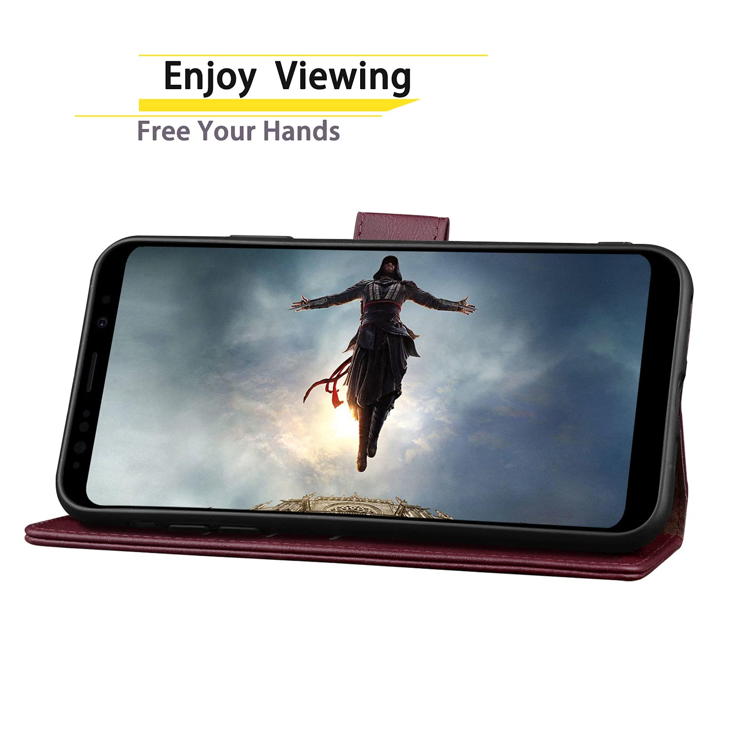 SUANPOT RFID Wallet Case for Samsung Galaxy S9 - Shockproof Leather Cover with Card Holder (Wine Red) for Daily Use