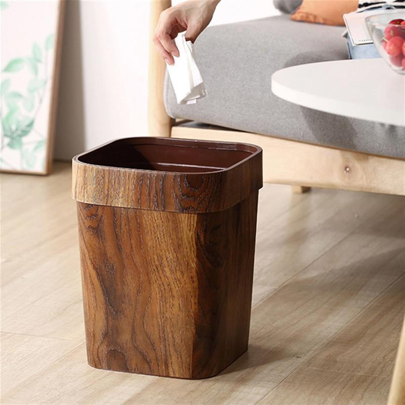 TOMYEUS 14L Retro Wood-Look Compost Bin - Large Square Kitchen & Office Trash Can with Step Pedal, Eco-Friendly Waste Container for Food Scraps, Recycling & Household Use - Perfect for Countertop, Pantry & Sustainable Living