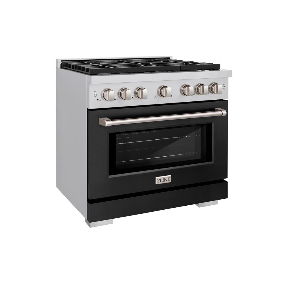 ZLINE 36 Inch 5.2 cu ft Stainless Steel Dual Fuel Range - 6 Burner Gas Cooktop & Electric Convection Oven with Black Matte Door (SDR BLM 36) - Perfect for Professional Home Chefs & Modern Kitchens