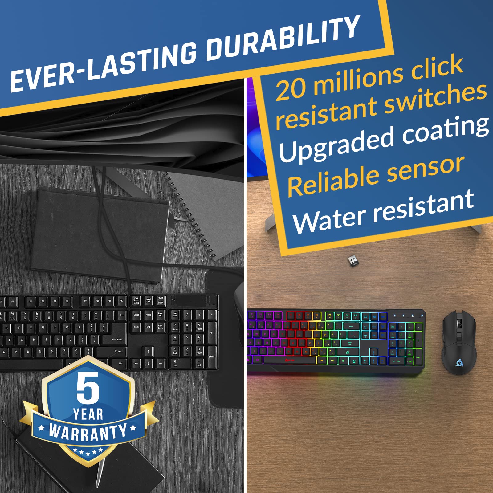KLIM Blaze & Chroma Wireless Gaming Keyboard and Mouse Combo - RGB Backlit Keyboard, Ergonomic Design, Long Battery Life - Perfect for PC Gaming, Office Work, and Home Use
