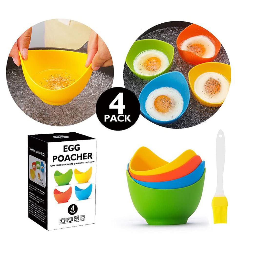 FDA Approved High Temperature Resistant Silicone Egg Steamer - 4 Pack Non-Stick Egg Cooker with Silicone Oil Brush, BPA-Free Egg Tray for Perfect Poached Eggs, Breakfast Meal Prep & Healthy Cooking