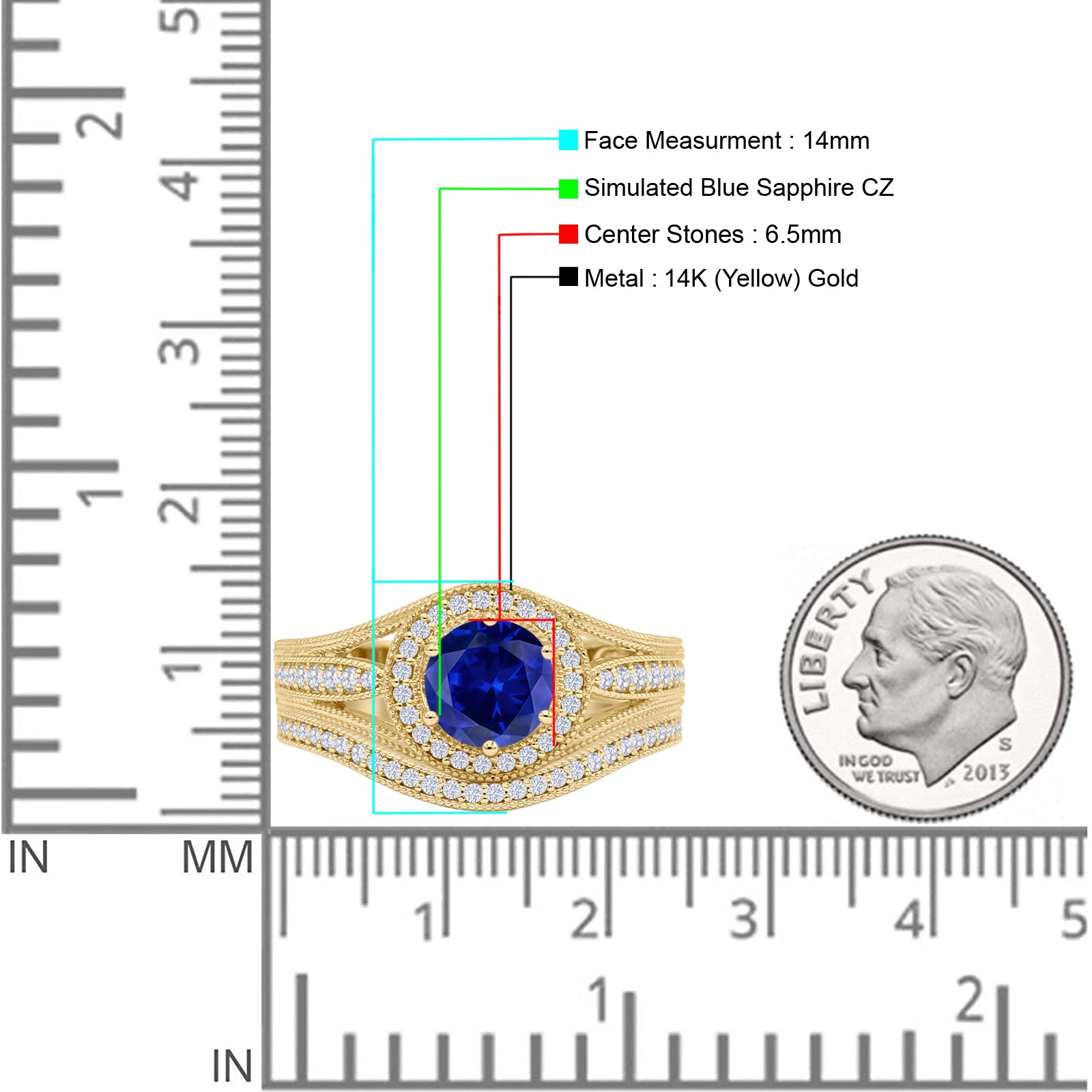 14K Yellow Gold Two Piece Round Halo Split Shank Curved Contour Band Blue Sapphire CZ Ring for Women - Elegant Wedding, Engagement & Anniversary Jewelry Gift - Perfect for Bridal, Evening Wear & Special Occasions