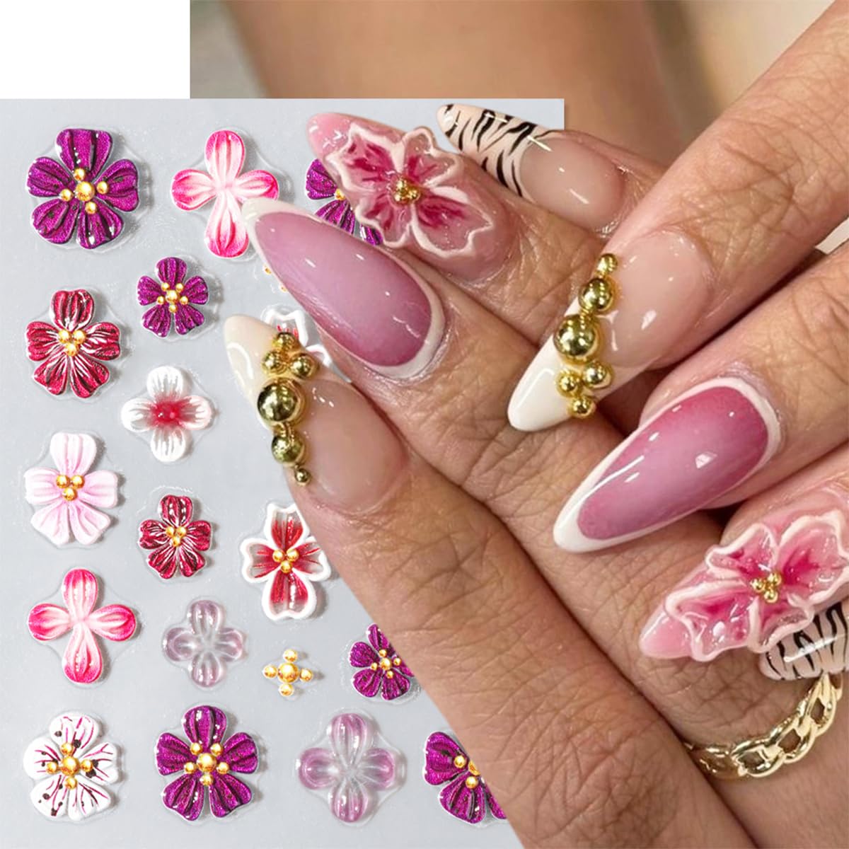 5D Embossed Hibiscus Flower Nail Art Stickers with Gold Beads - Self-Adhesive Floral Nail Decals for Women & Girls (2 Sheets) - Perfect for Autumn Manicures, Bridal Nails, and Special Occasion Nail Art