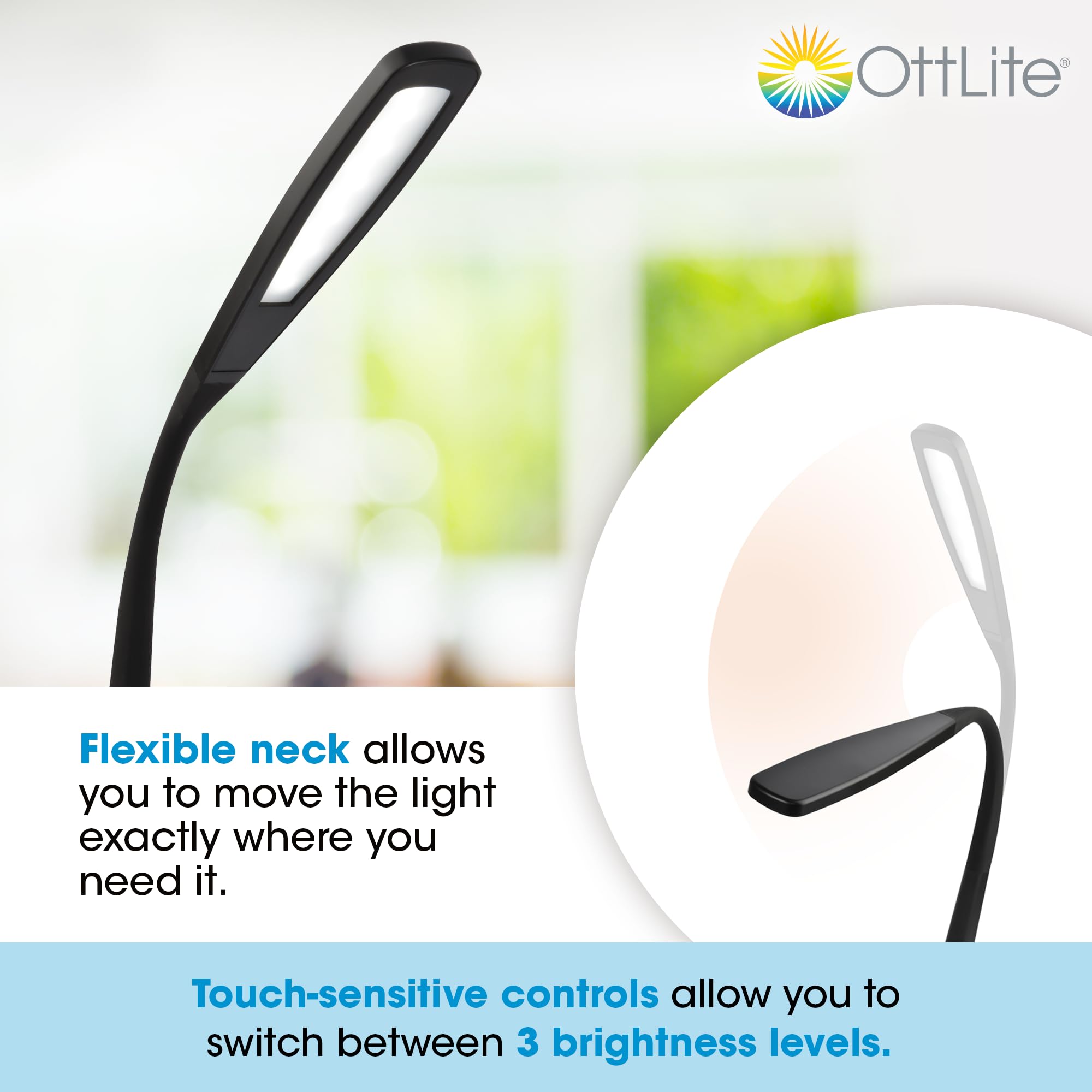 OttLite LED Desk Lamp with Adjustable Gooseneck - 3 Brightness Levels & Touch Control, Energy Efficient Natural Daylight LED Light for Home Office, Study, Dorm Room - Perfect for Reading, Working & Nighttime Use