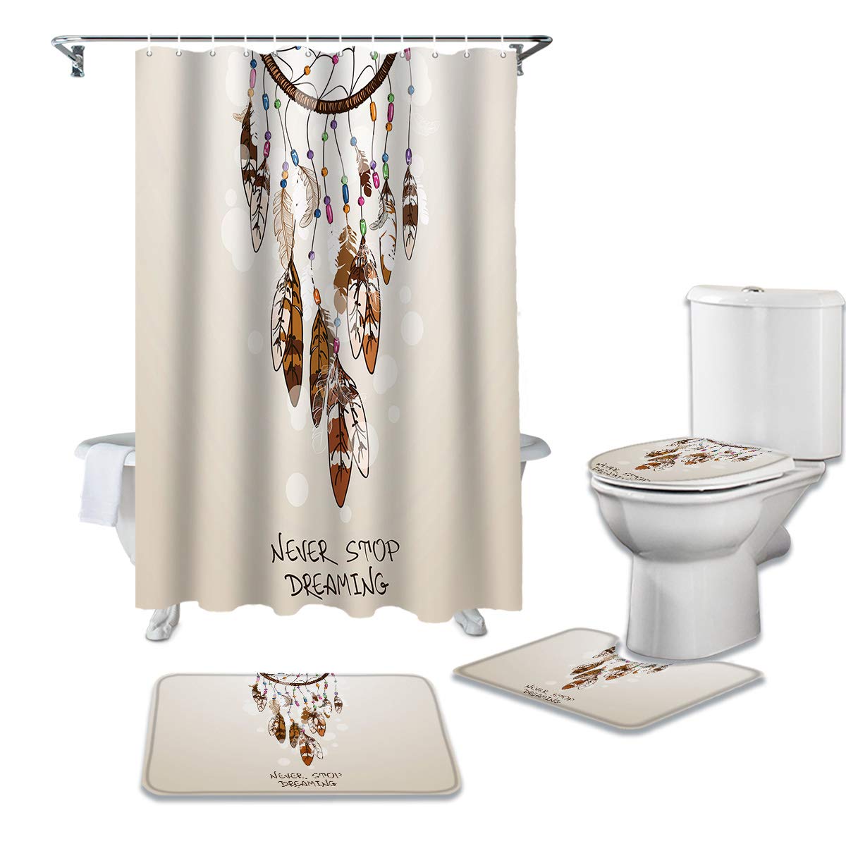 Futuregrace Inspiring 'Never Stop Dreaming' 4-Piece Bathroom Set - Non-Slip Shower Curtain, Bath Mat, Toilet Cover & Rugs - Soft & Absorbent for Bathroom Decor - Perfect for Home, Apartment & Guest Bathroom Makeover