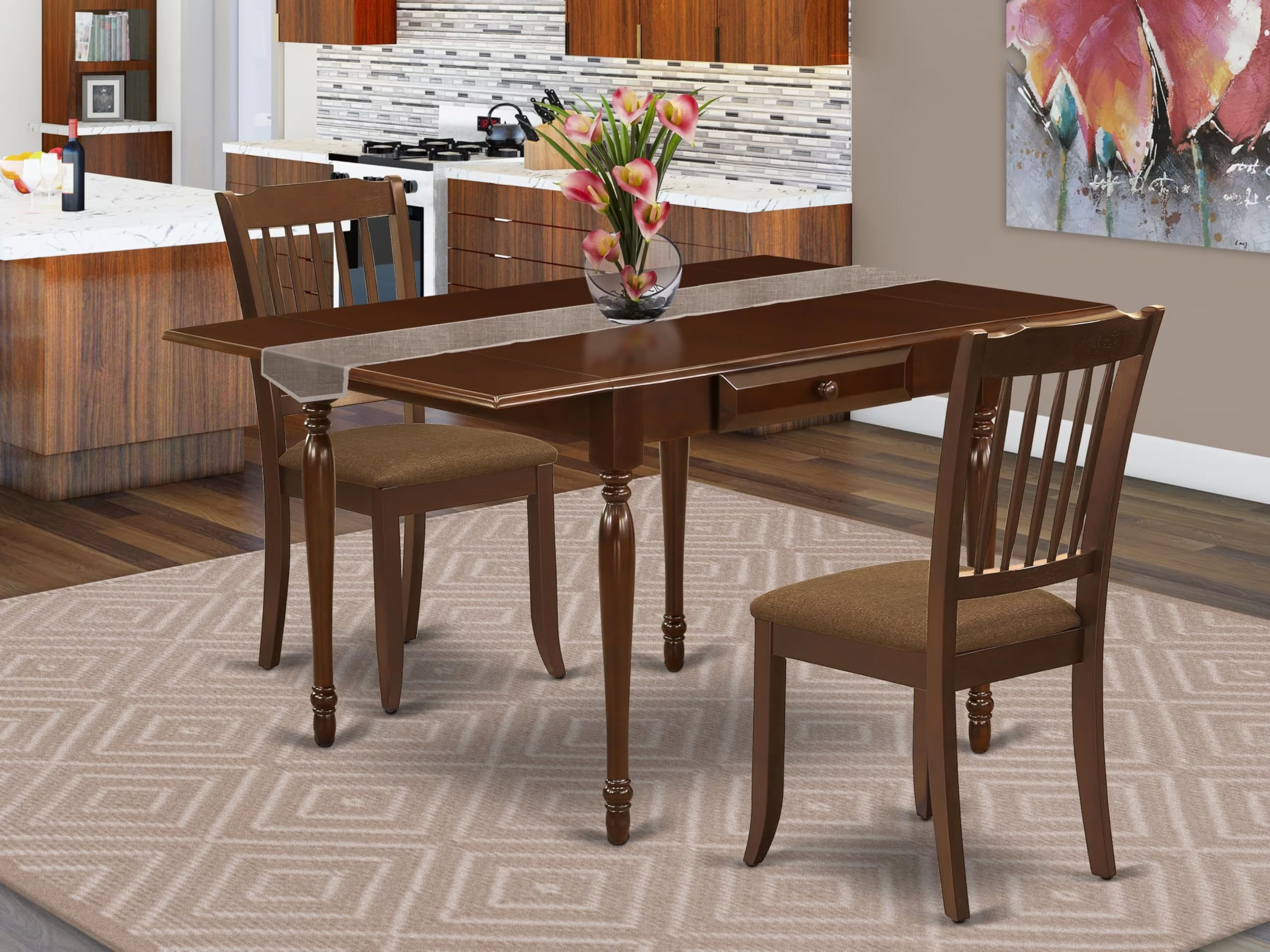 East West Furniture MZDA3-MAH-C 3-Piece Small Space Kitchen Table Set with Drop-Leaf Dining Table & 2 Linen Upholstered Chairs, 36x54 Inches, Mahogany - Perfect for Apartments, Breakfast Nooks, and Cozy Dining Areas