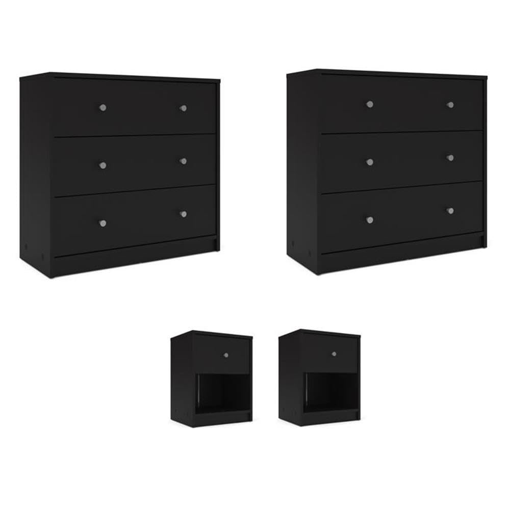 Home Square Set of 4 - 1-Drawer Nightstand & 3-Drawer Dresser in Black | Bedroom Furniture for Storage & Organization