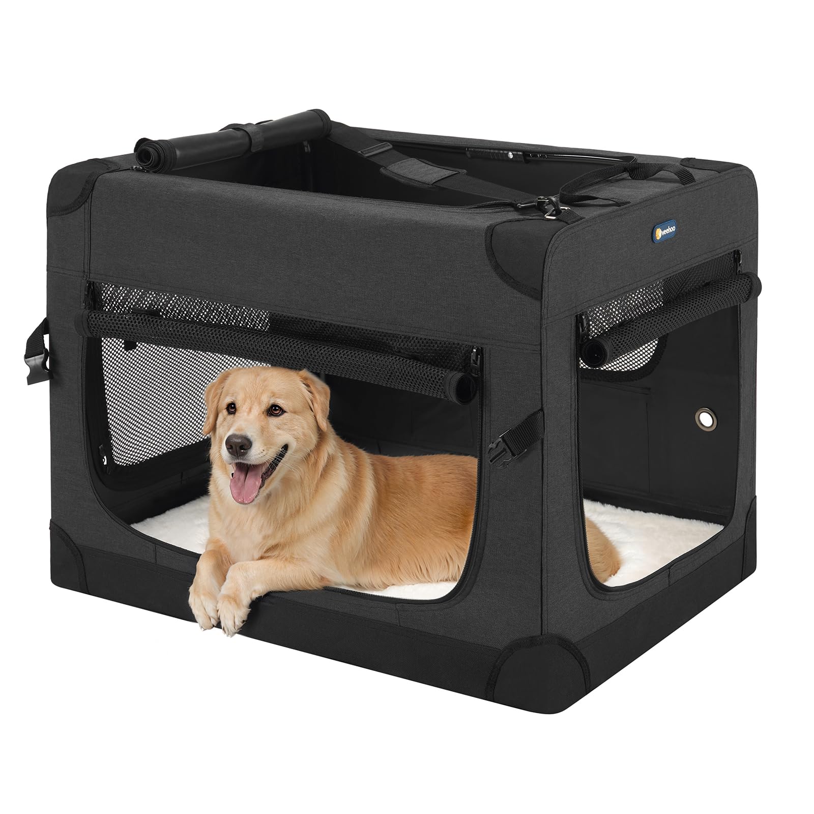 Veehoo 36 Inch Folding Soft Dog Crate - 4-Door Portable Collapsible Pet Kennel for Large Dogs | Heavy-Duty 600D Oxford Fabric & 5 Durable Mesh Screens | Indoor & Outdoor Use for Travel, Camping & Home | Black (CWB2428CP)